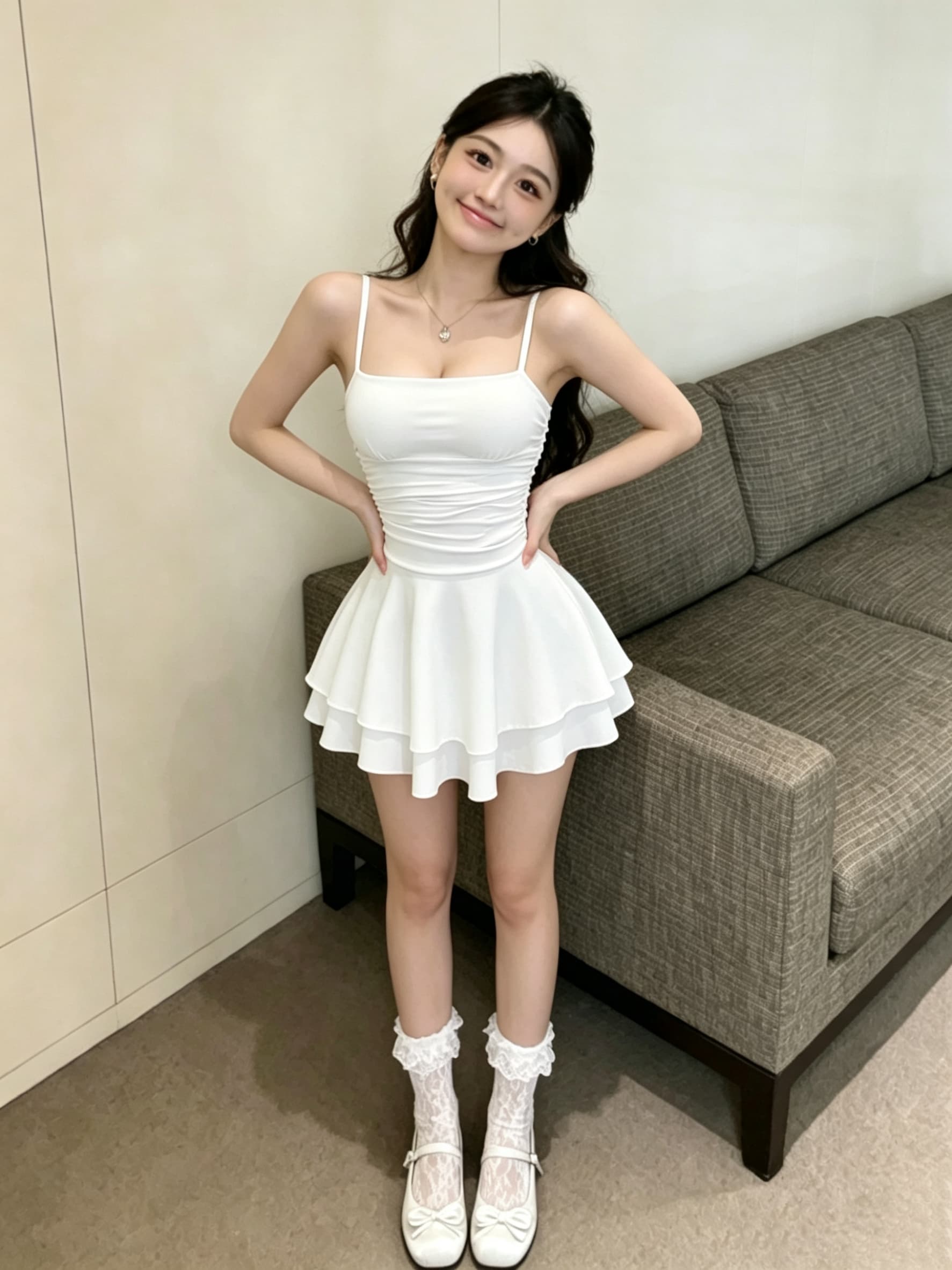 실사 순수한 욕망 화이트 슬립 프릴 몸매 가꾸기 큰 진자 미니멀리즘 섹시함 여성 드레스 이미지 2