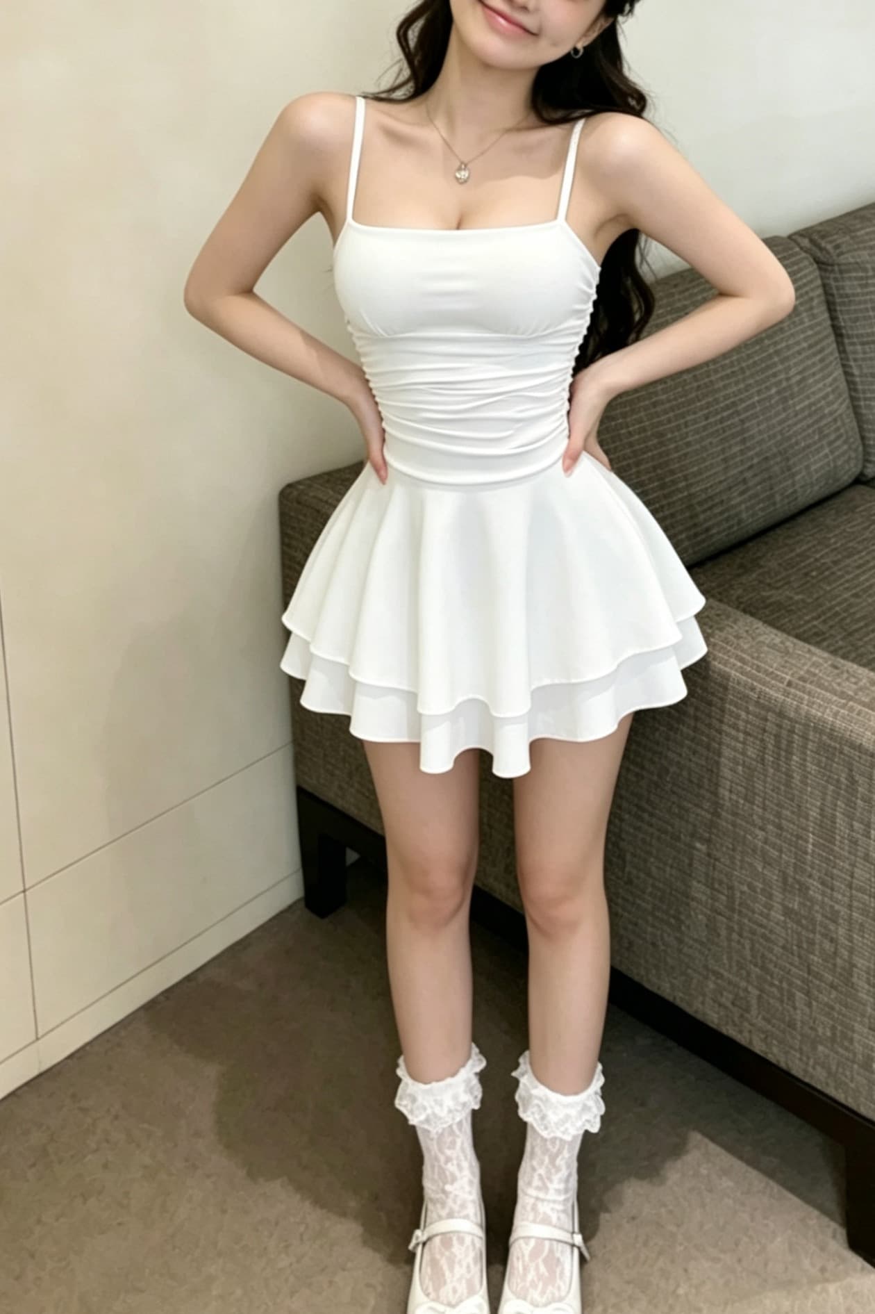 실사 순수한 욕망 화이트 슬립 프릴 몸매 가꾸기 큰 진자 미니멀리즘 섹시함 여성 드레스 이미지 6