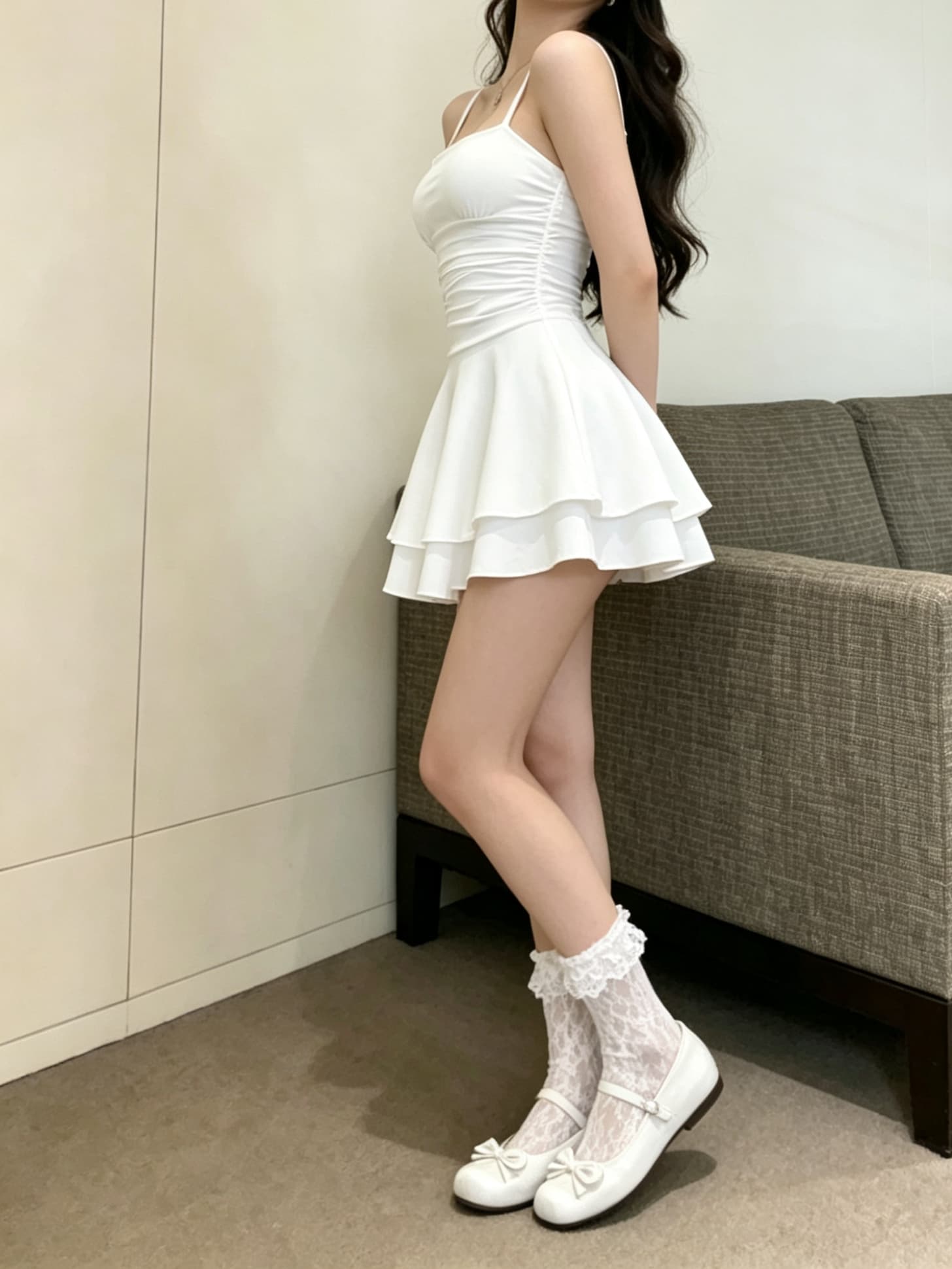 실사 순수한 욕망 화이트 슬립 프릴 몸매 가꾸기 큰 진자 미니멀리즘 섹시함 여성 드레스 상세 이미지 6