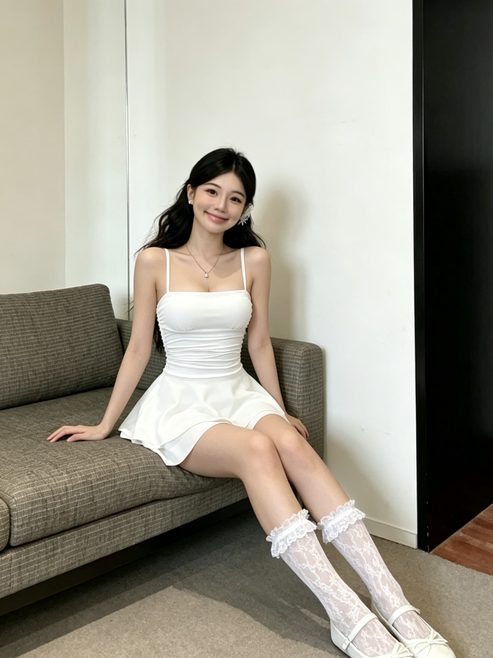 실사 순수한 욕망 화이트 슬립 프릴 몸매 가꾸기 큰 진자 미니멀리즘 섹시함 여성 드레스 상세 이미지 7