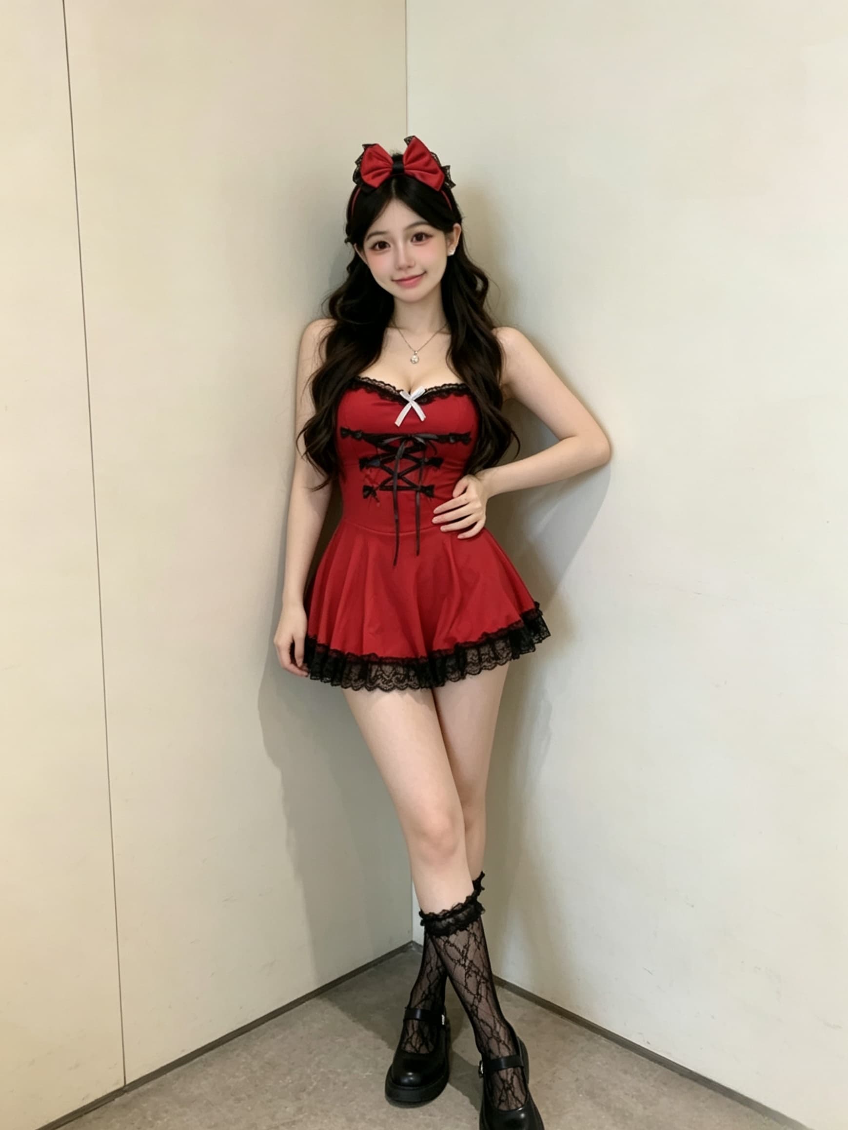 실사 슬립 초단 섹시함 귀여운 빨간색 보내기 머리카락 후프 여성 드레스 이미지 2