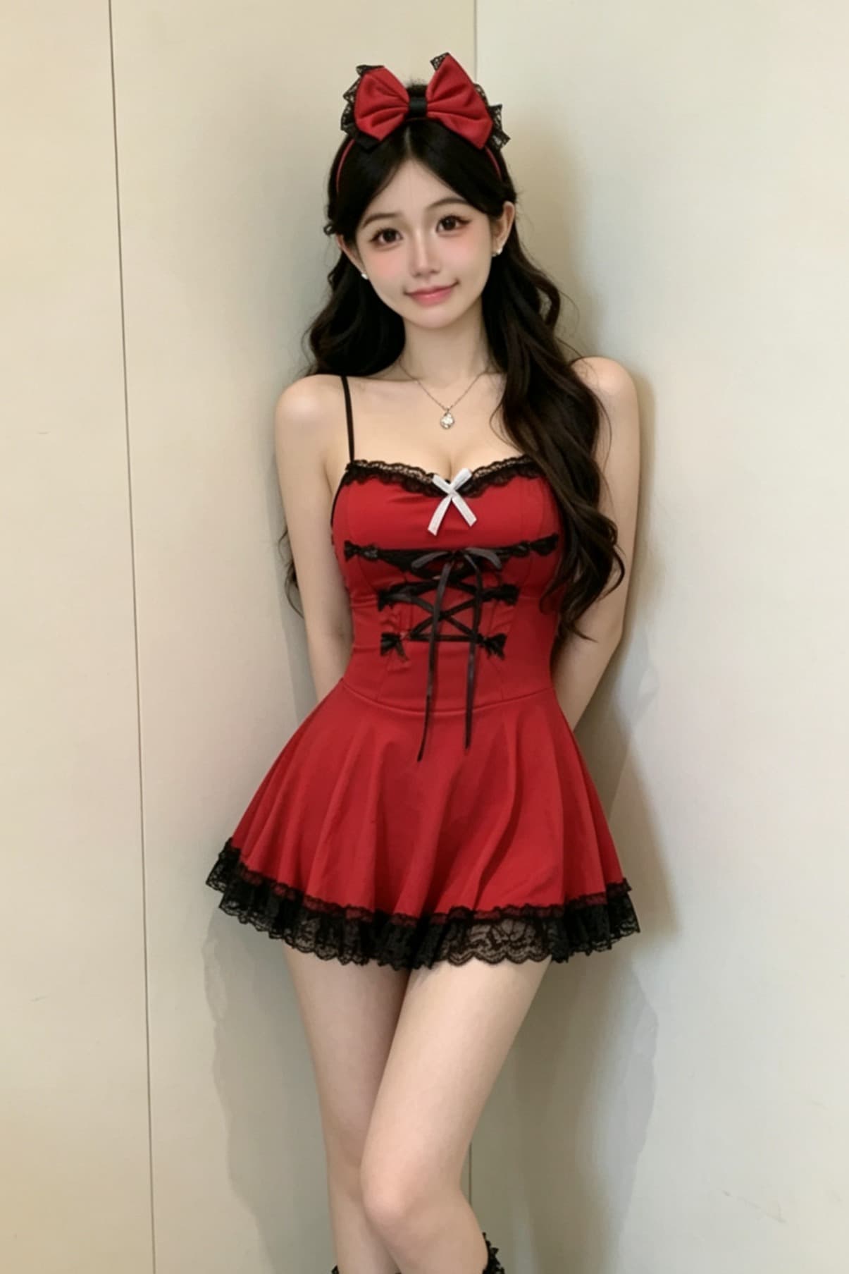 실사 슬립 초단 섹시함 귀여운 빨간색 보내기 머리카락 후프 여성 드레스 이미지 6