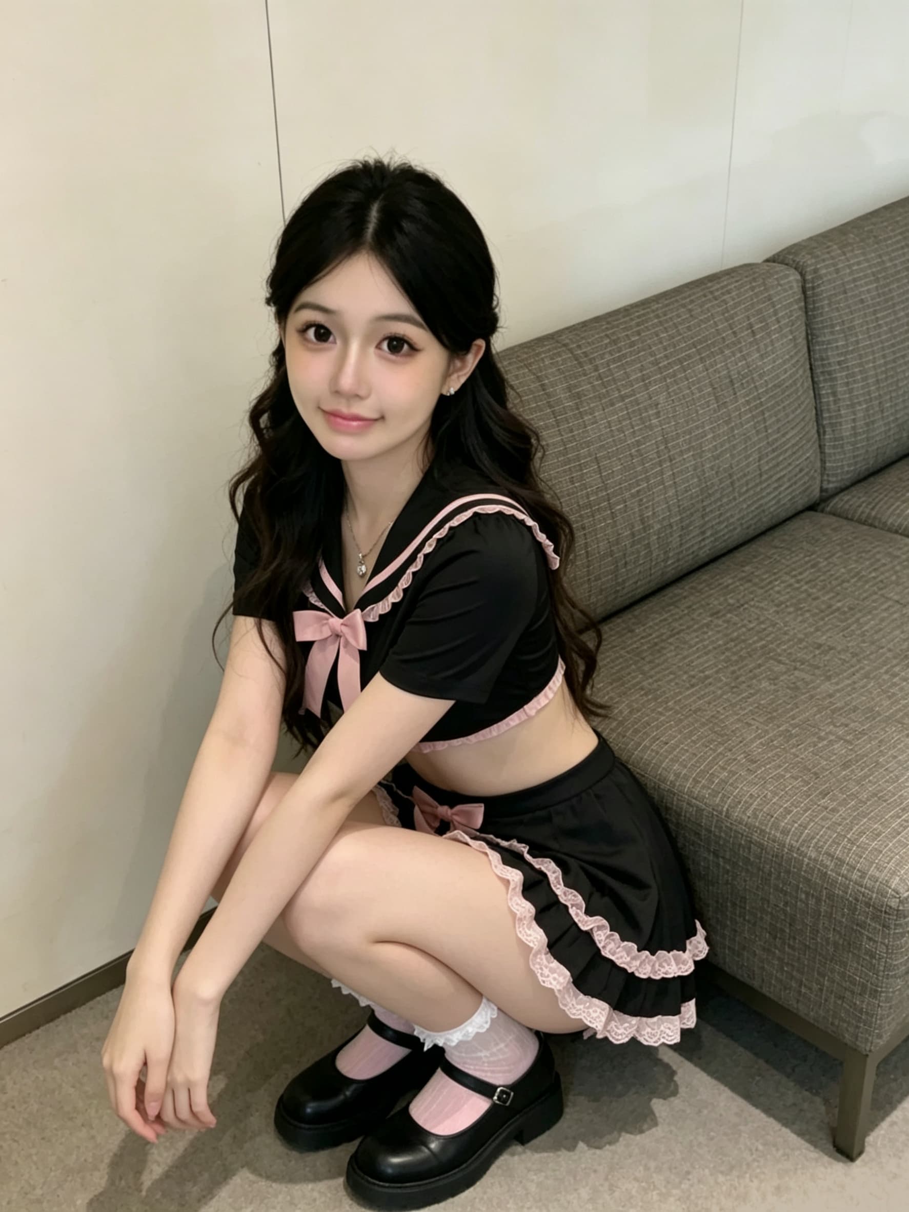 실사 달콤함 핫걸 섹시함 얇은 스타일 학원 스타일 초단 맨위 프릴 반신 치마 세트 여성 상세 이미지 1