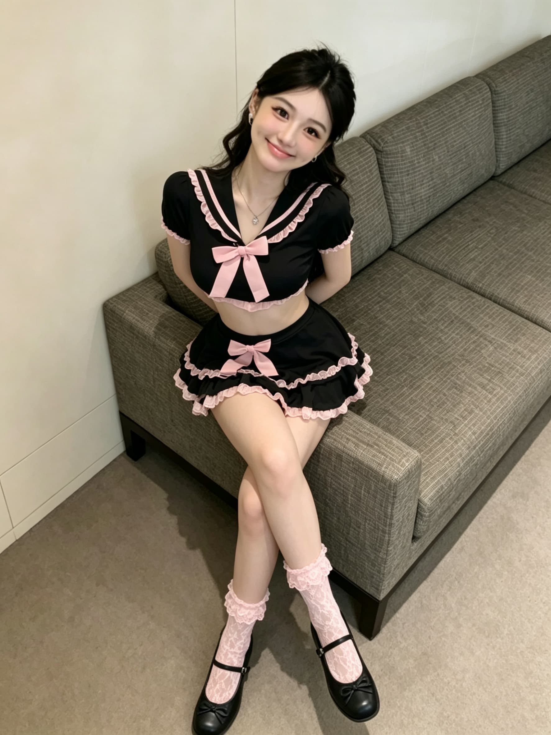 실사 달콤함 핫걸 섹시함 얇은 스타일 학원 스타일 초단 맨위 프릴 반신 치마 세트 여성 상세 이미지 4