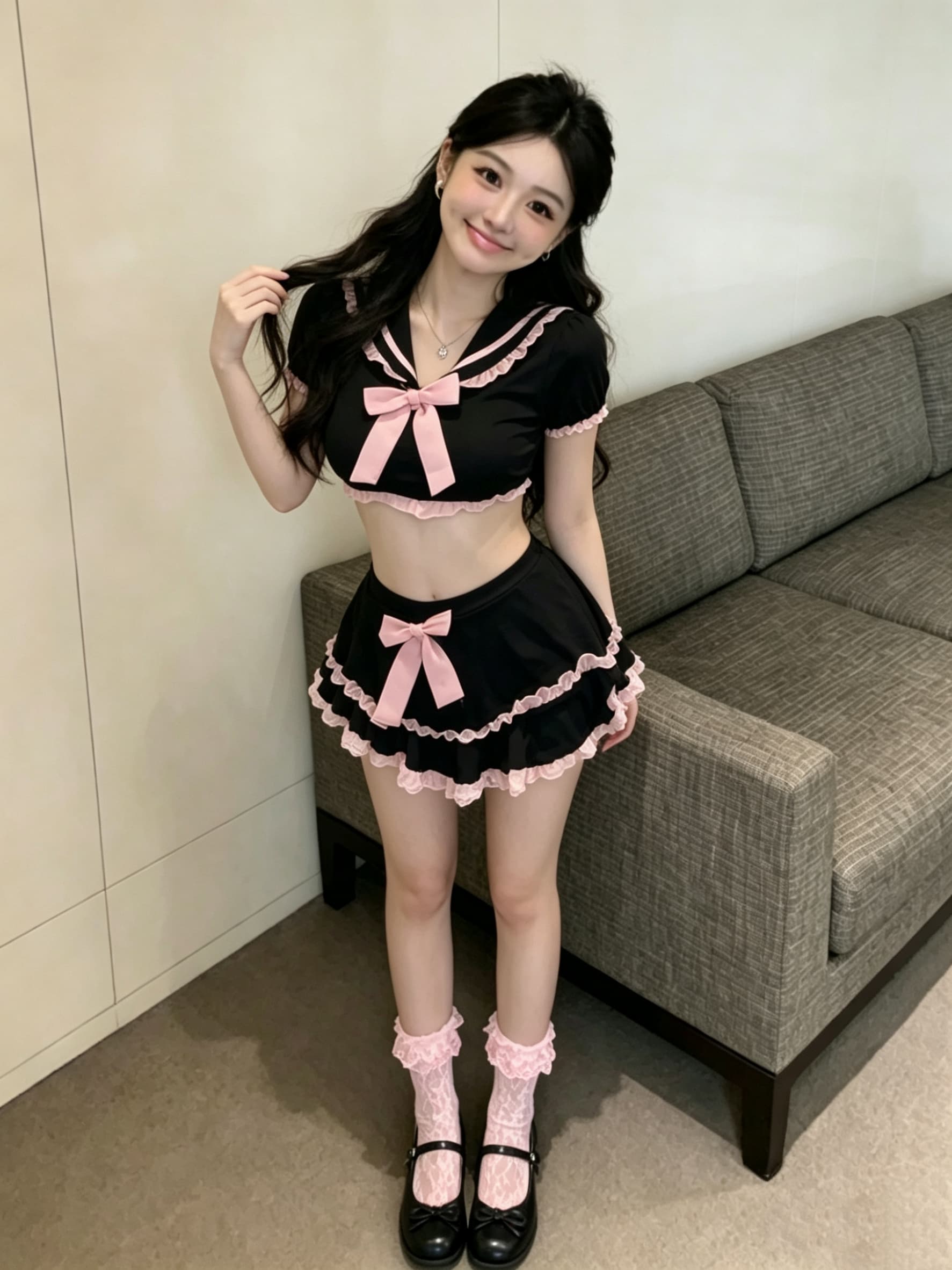 실사 달콤함 핫걸 섹시함 얇은 스타일 학원 스타일 초단 맨위 프릴 반신 치마 세트 여성 상세 이미지 11