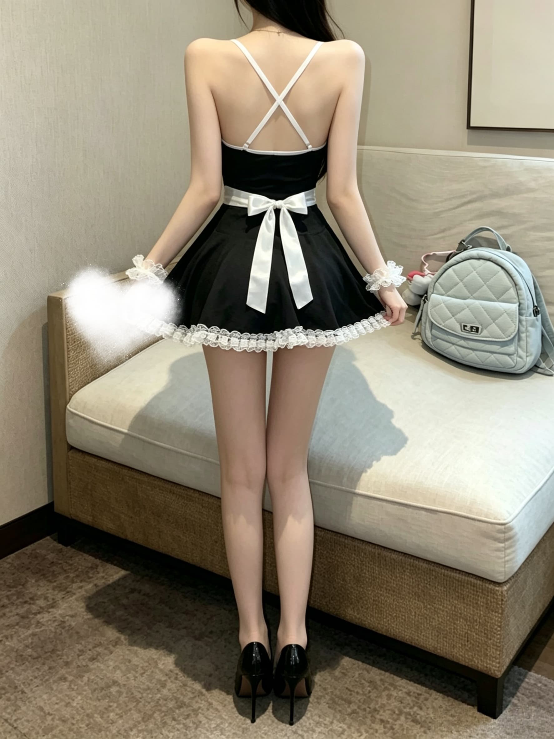 실사 핫걸 하녀 미니 스커트 레이스 레이스 나비 매듭 슬립 섹시함 여성 드레스 상세 이미지 1