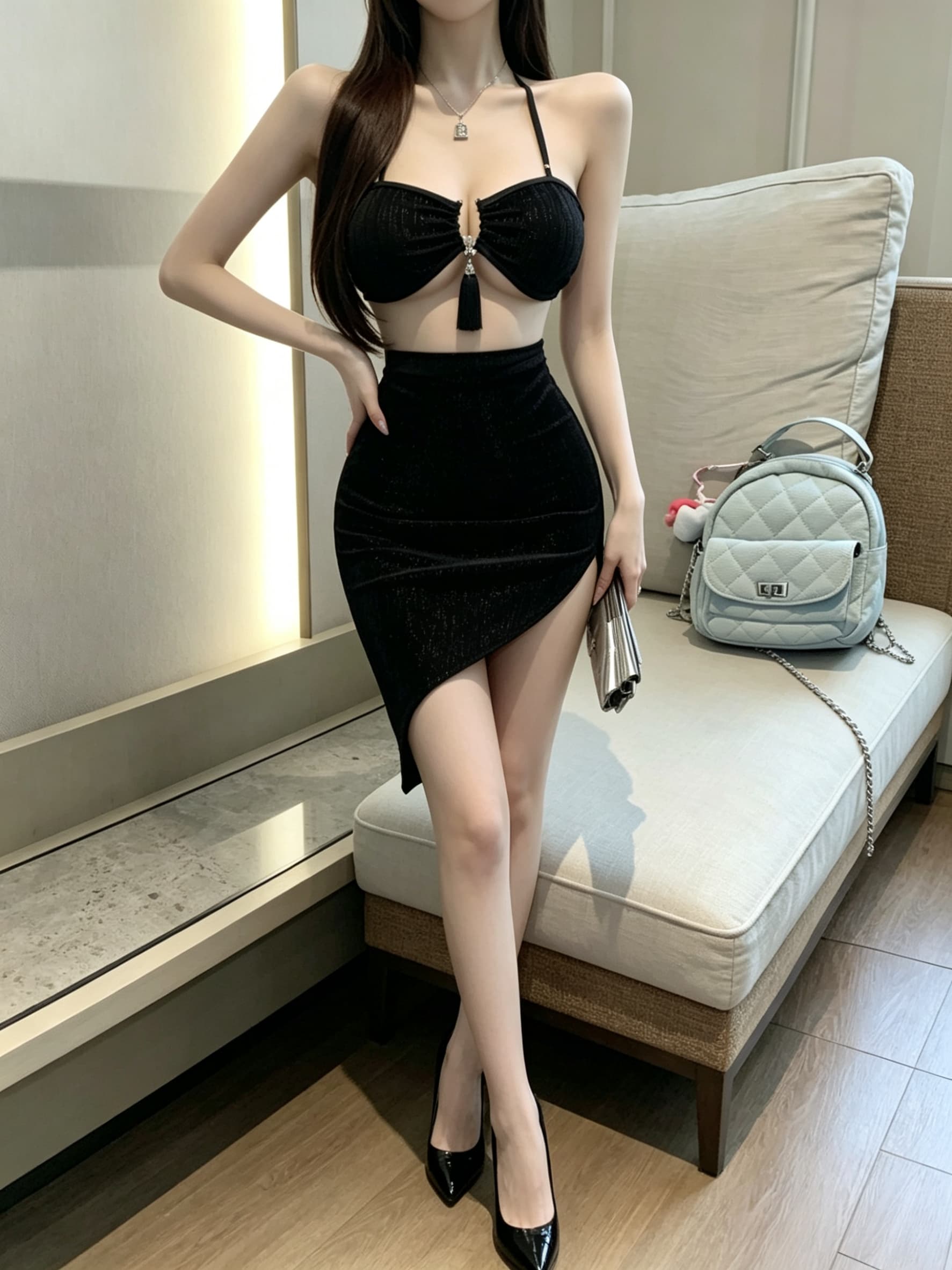 실사 행침 목 초단 섹시함 유혹 홀로우 아웃 맨위 경 사진 타이트 스커트 반신 스커트 투피스 세트 세트 여성 이미지 2
