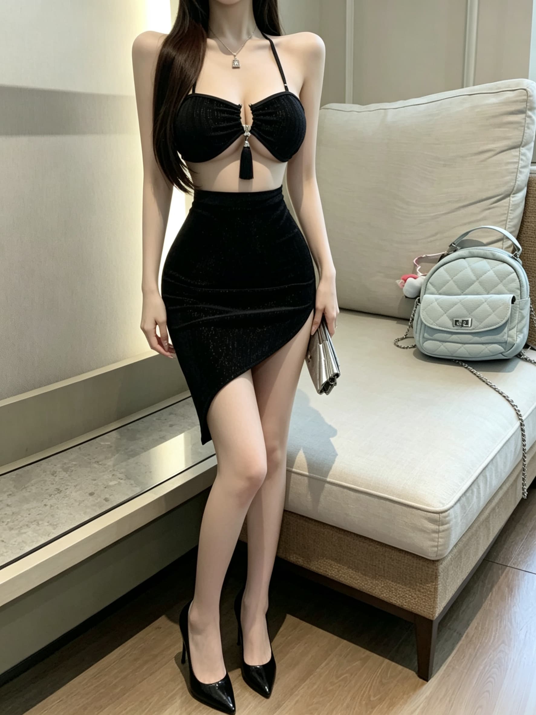 실사 행침 목 초단 섹시함 유혹 홀로우 아웃 맨위 경 사진 타이트 스커트 반신 스커트 투피스 세트 세트 여성 상세 이미지 9