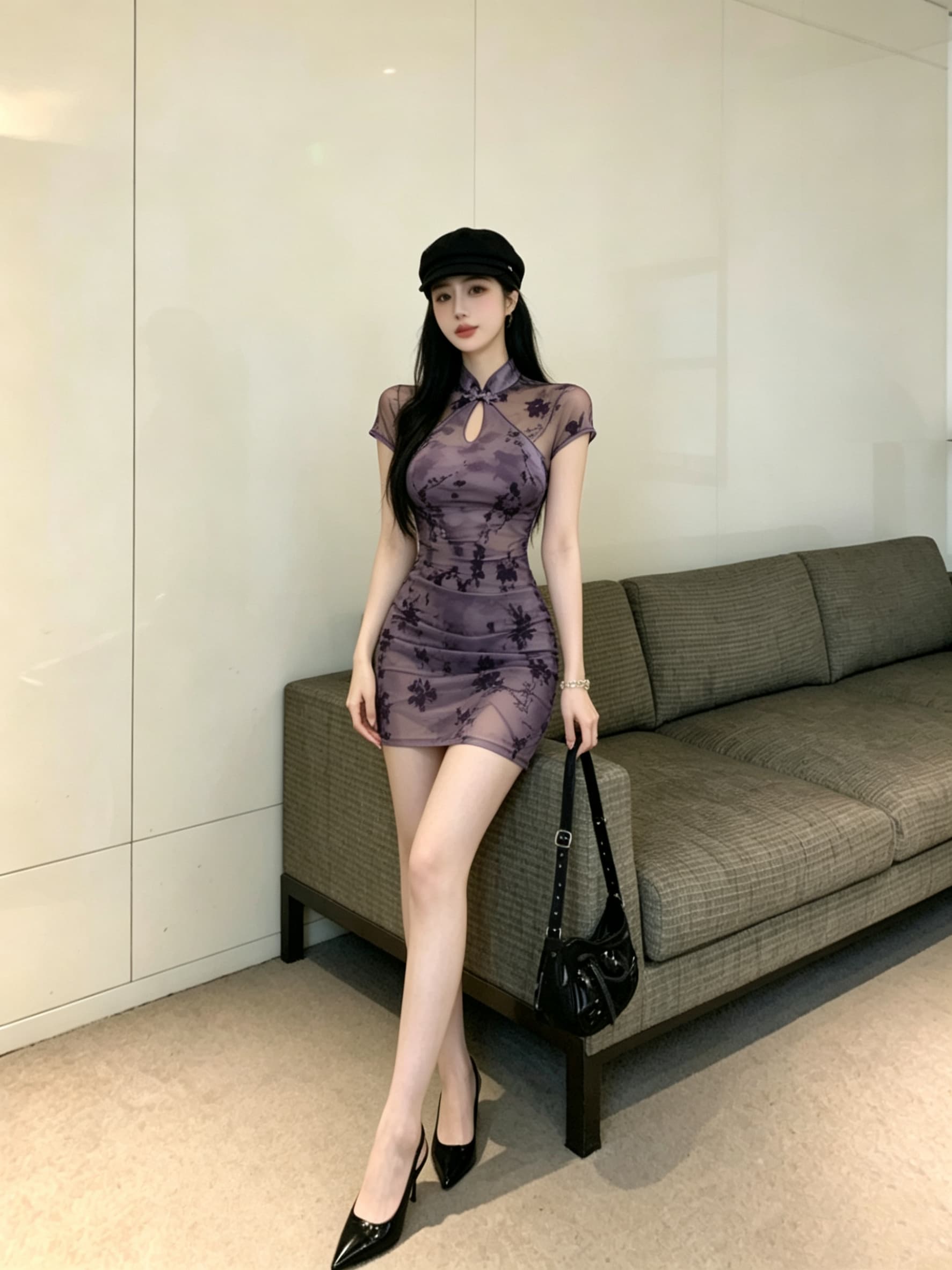 실사 레트로 치파오 몸매 가꾸기 타이트 스커트 반팔 섹시함 패션 보라색 핫걸 여성 드레스 이미지 2