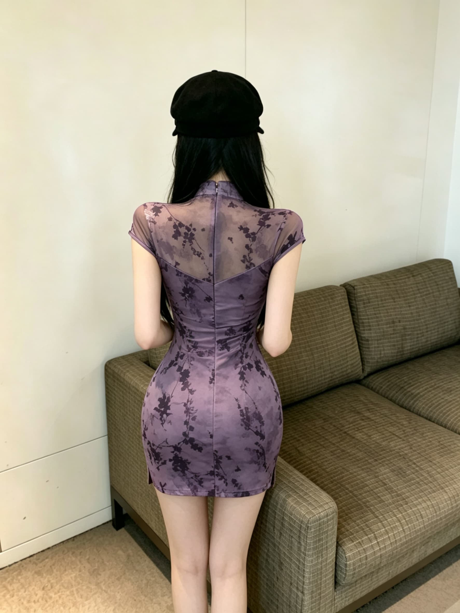 실사 레트로 치파오 몸매 가꾸기 타이트 스커트 반팔 섹시함 패션 보라색 핫걸 여성 드레스 이미지 3