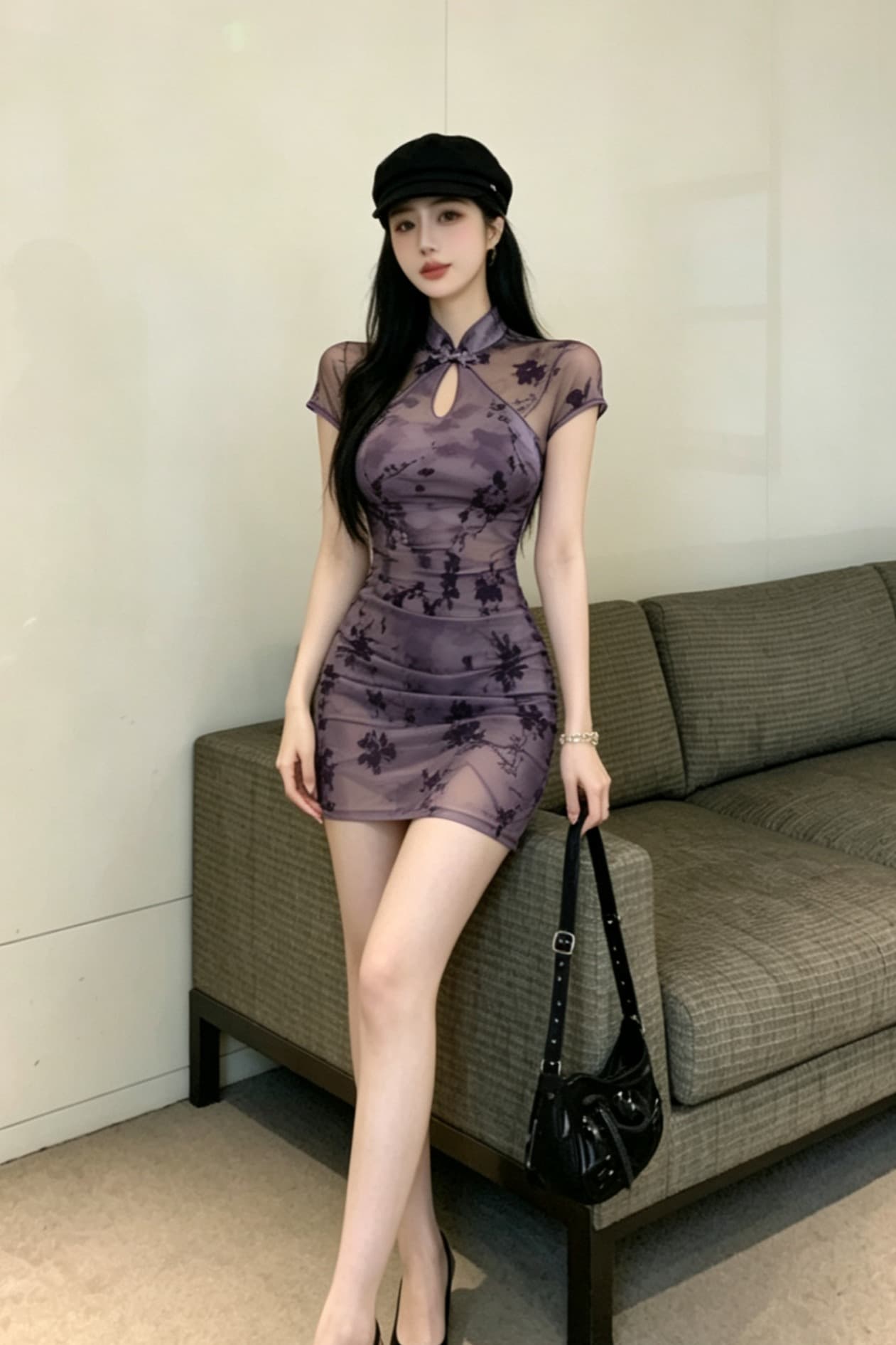 실사 레트로 치파오 몸매 가꾸기 타이트 스커트 반팔 섹시함 패션 보라색 핫걸 여성 드레스 이미지 6
