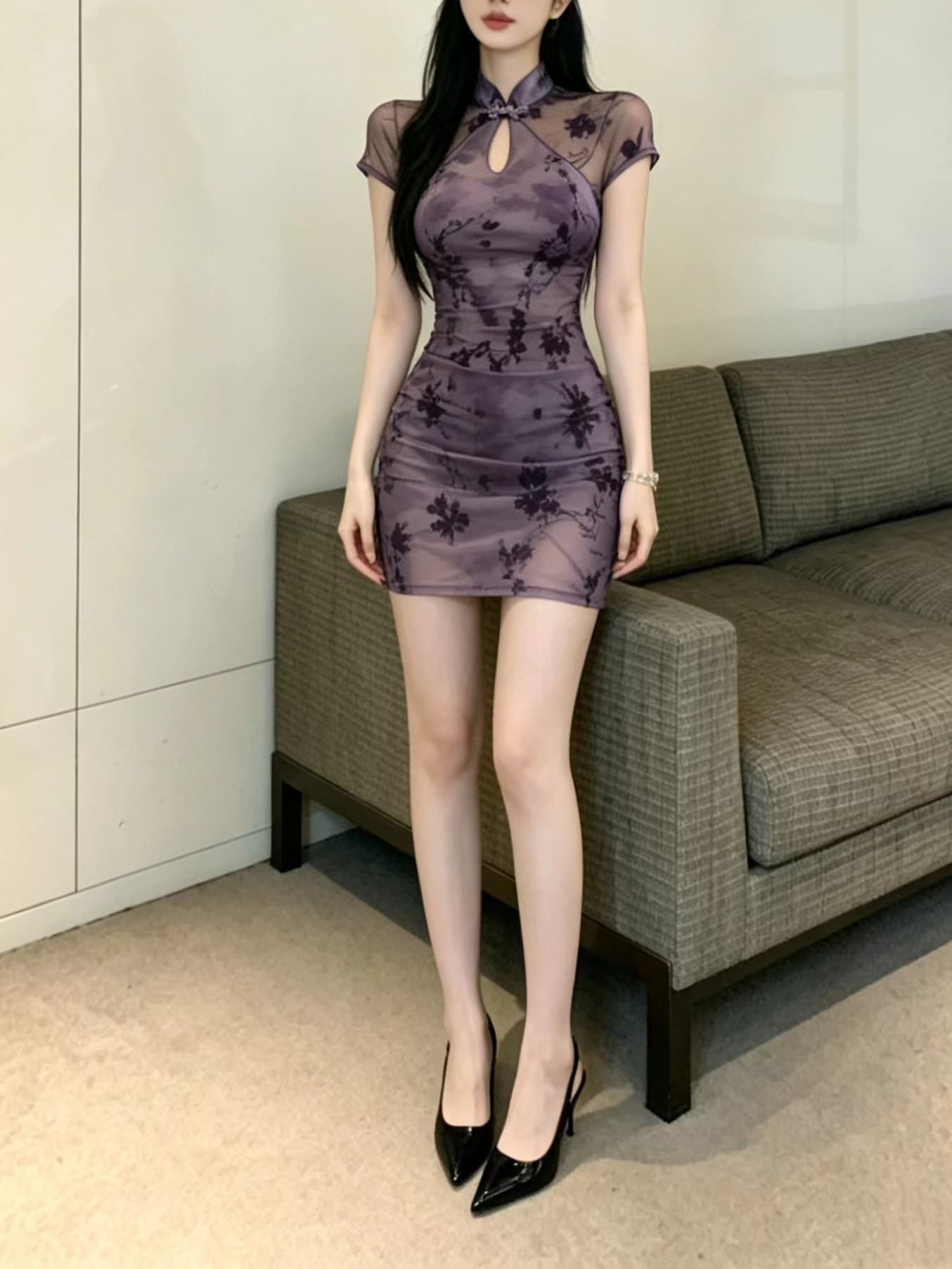 실사 레트로 치파오 몸매 가꾸기 타이트 스커트 반팔 섹시함 패션 보라색 핫걸 여성 드레스 상세 이미지 5