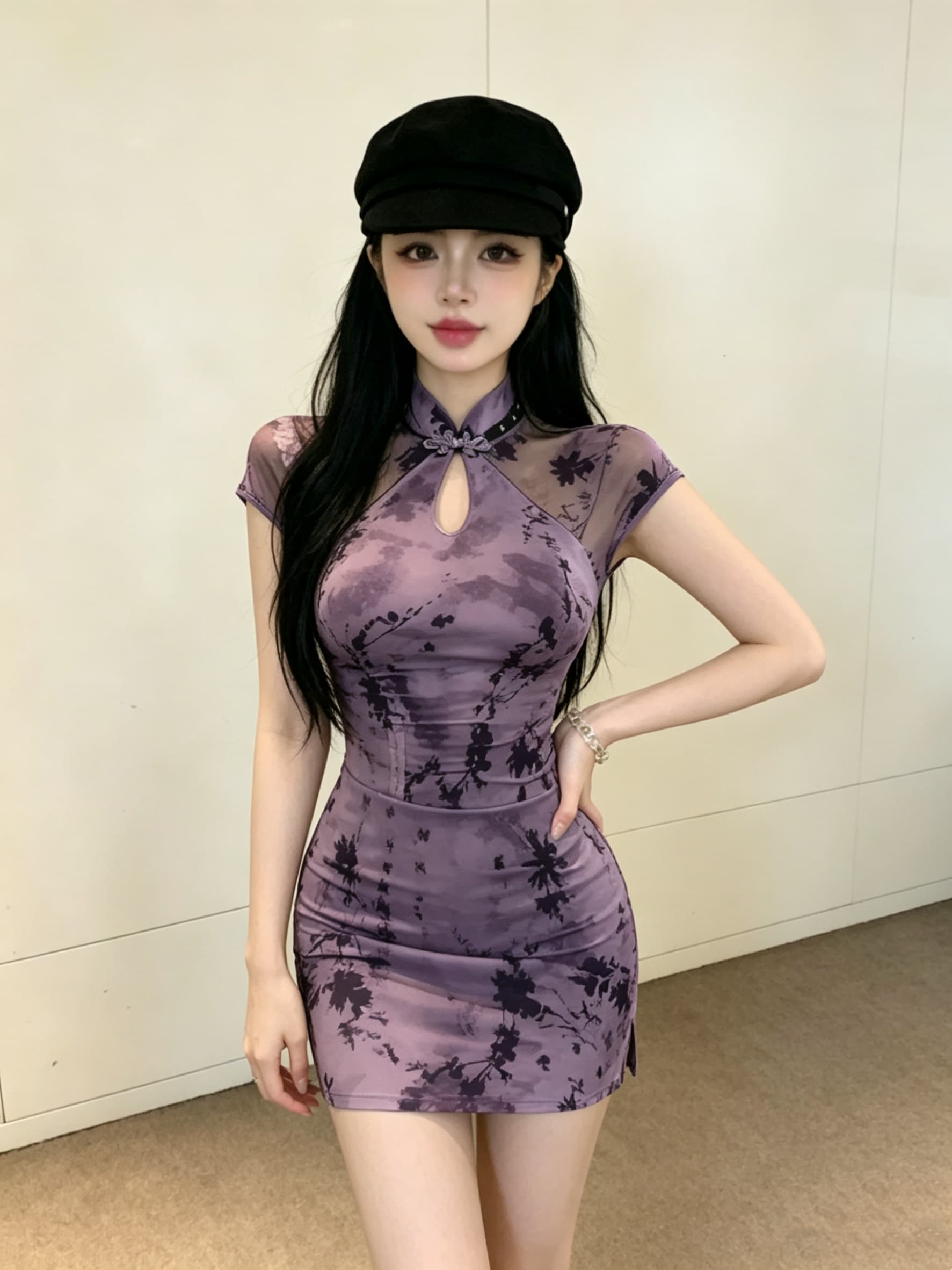 실사 레트로 치파오 몸매 가꾸기 타이트 스커트 반팔 섹시함 패션 보라색 핫걸 여성 드레스 상세 이미지 10