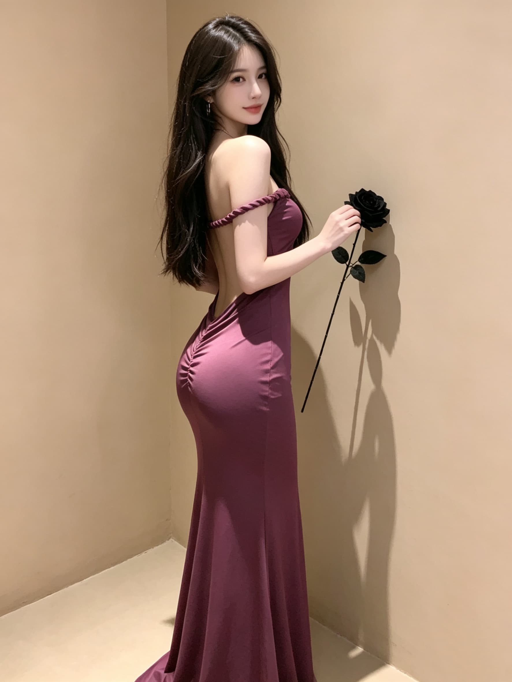 실사 섹시함 품격 핫걸 예복 롱 스커트 대 백리스 보트넥 보라색 ktv 여성 드레스 상세 이미지 1