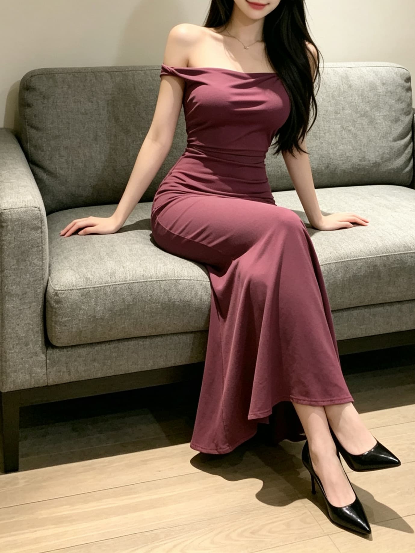 실사 섹시함 품격 핫걸 예복 롱 스커트 대 백리스 보트넥 보라색 ktv 여성 드레스 상세 이미지 3