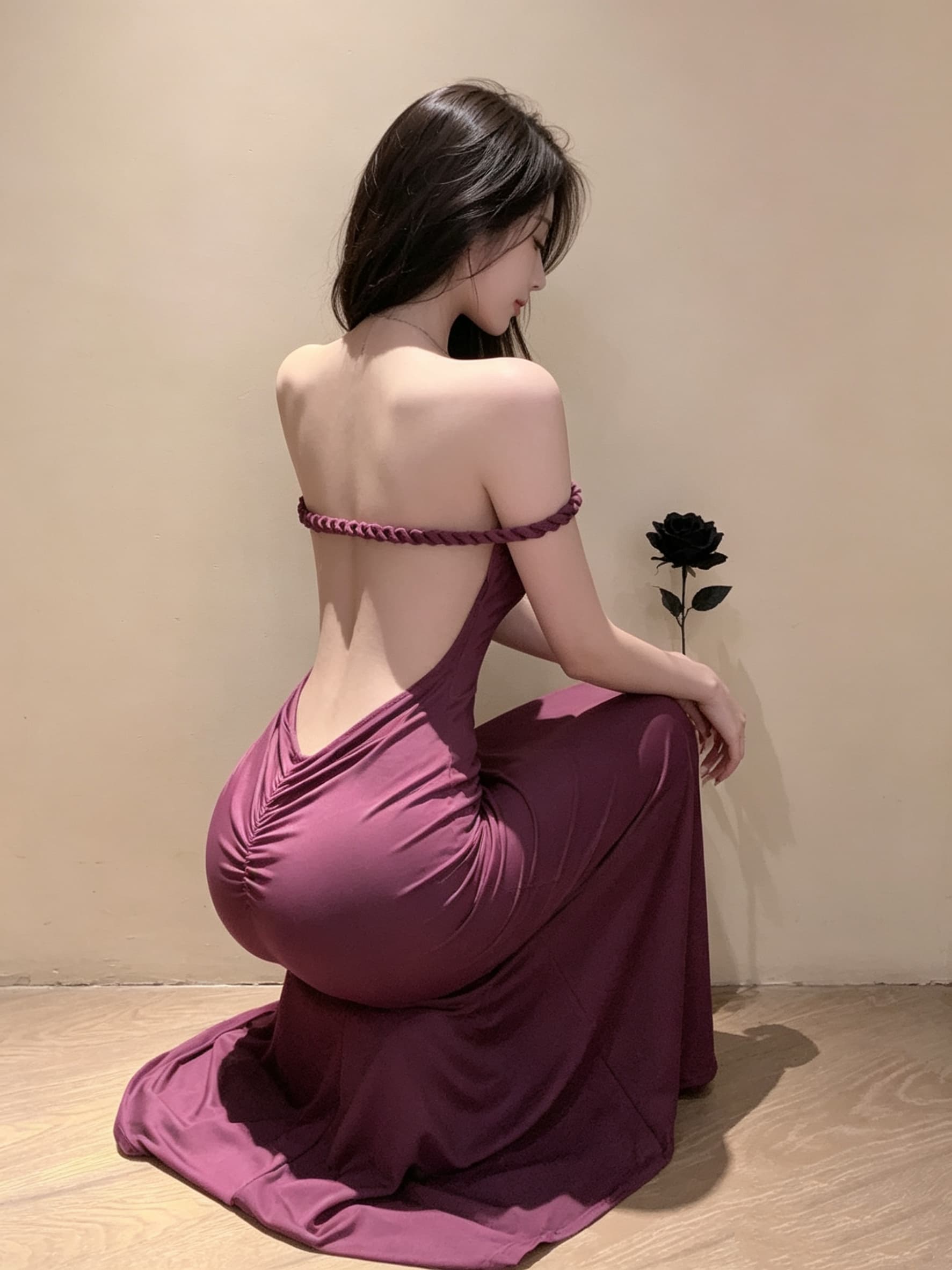 실사 섹시함 품격 핫걸 예복 롱 스커트 대 백리스 보트넥 보라색 ktv 여성 드레스 상세 이미지 6
