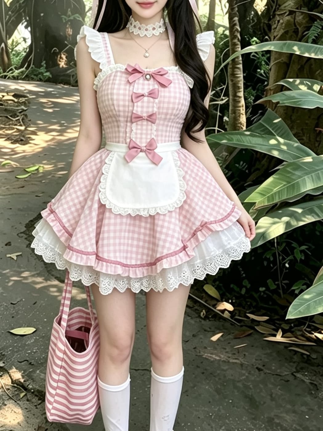 실사 민소매 수리 허리 귀여운 딜 리 하녀 큰 진자 세트 레이스 레이스 여성 드레스 이미지 3
