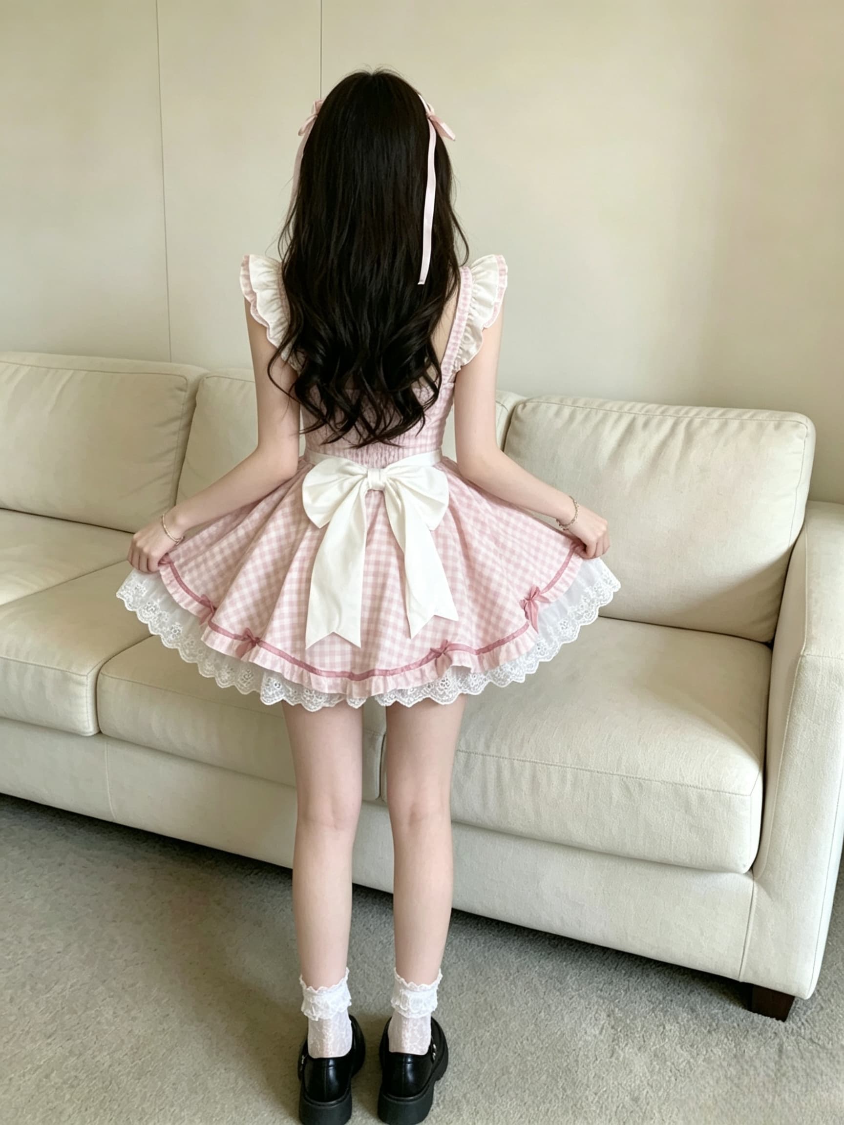 실사 민소매 수리 허리 귀여운 딜 리 하녀 큰 진자 세트 레이스 레이스 여성 드레스 상세 이미지 2