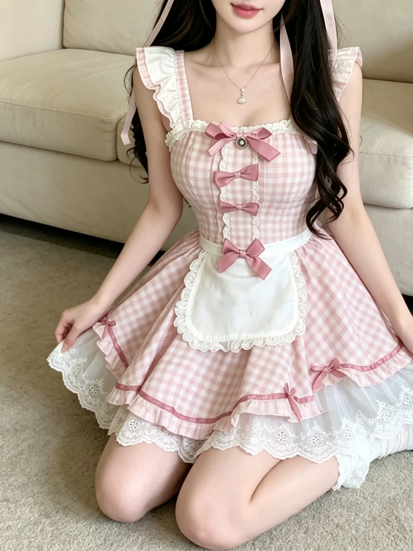 실사 민소매 수리 허리 귀여운 딜 리 하녀 큰 진자 세트 레이스 레이스 여성 드레스 상세 이미지 3