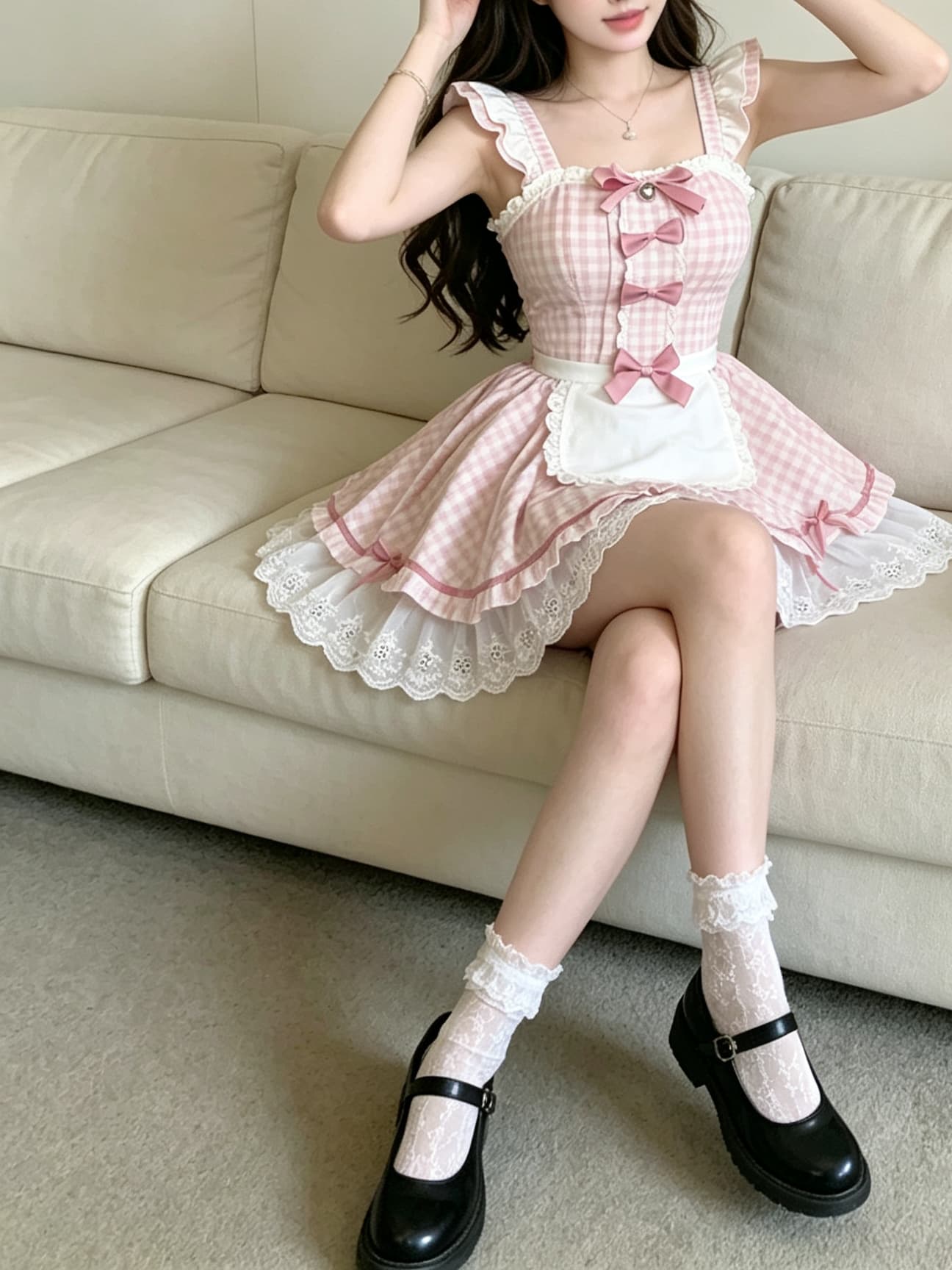 실사 민소매 수리 허리 귀여운 딜 리 하녀 큰 진자 세트 레이스 레이스 여성 드레스 상세 이미지 6