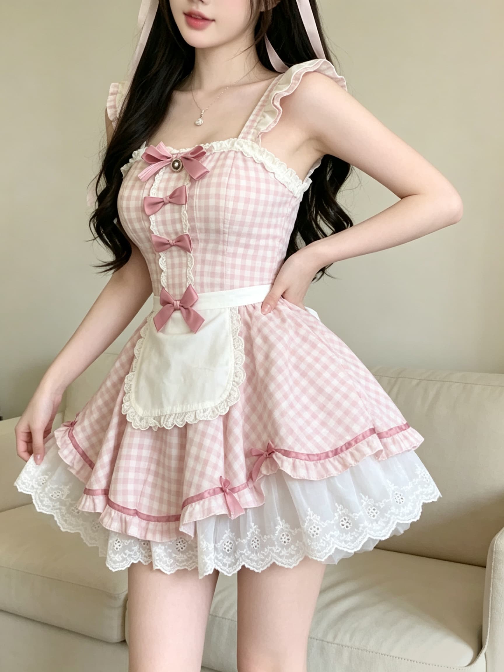 실사 민소매 수리 허리 귀여운 딜 리 하녀 큰 진자 세트 레이스 레이스 여성 드레스 상세 이미지 9