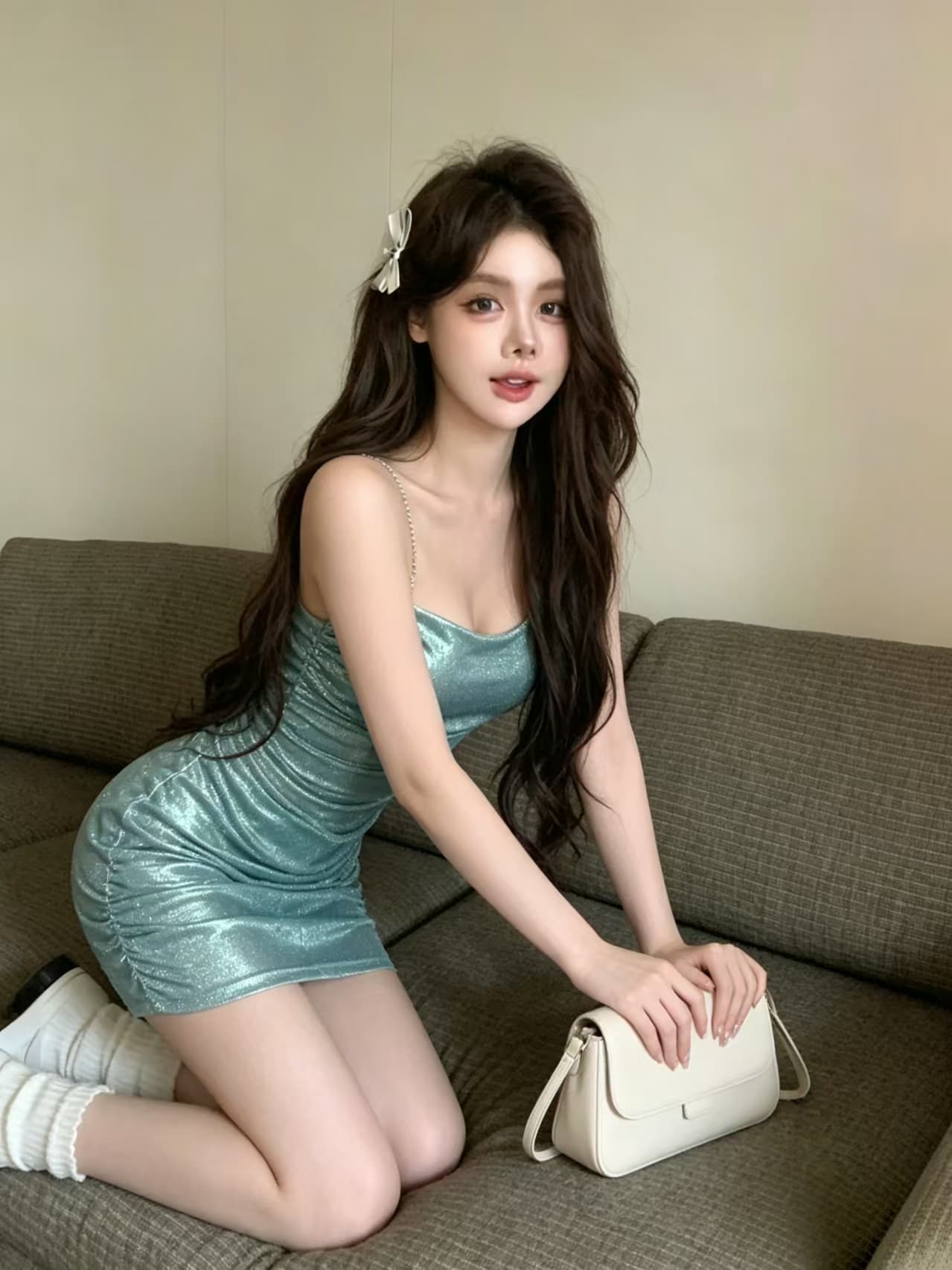 실사 섹시함 플래시 분말 핫걸 타이트 주름 타이트 스커트 예복 여성 드레스