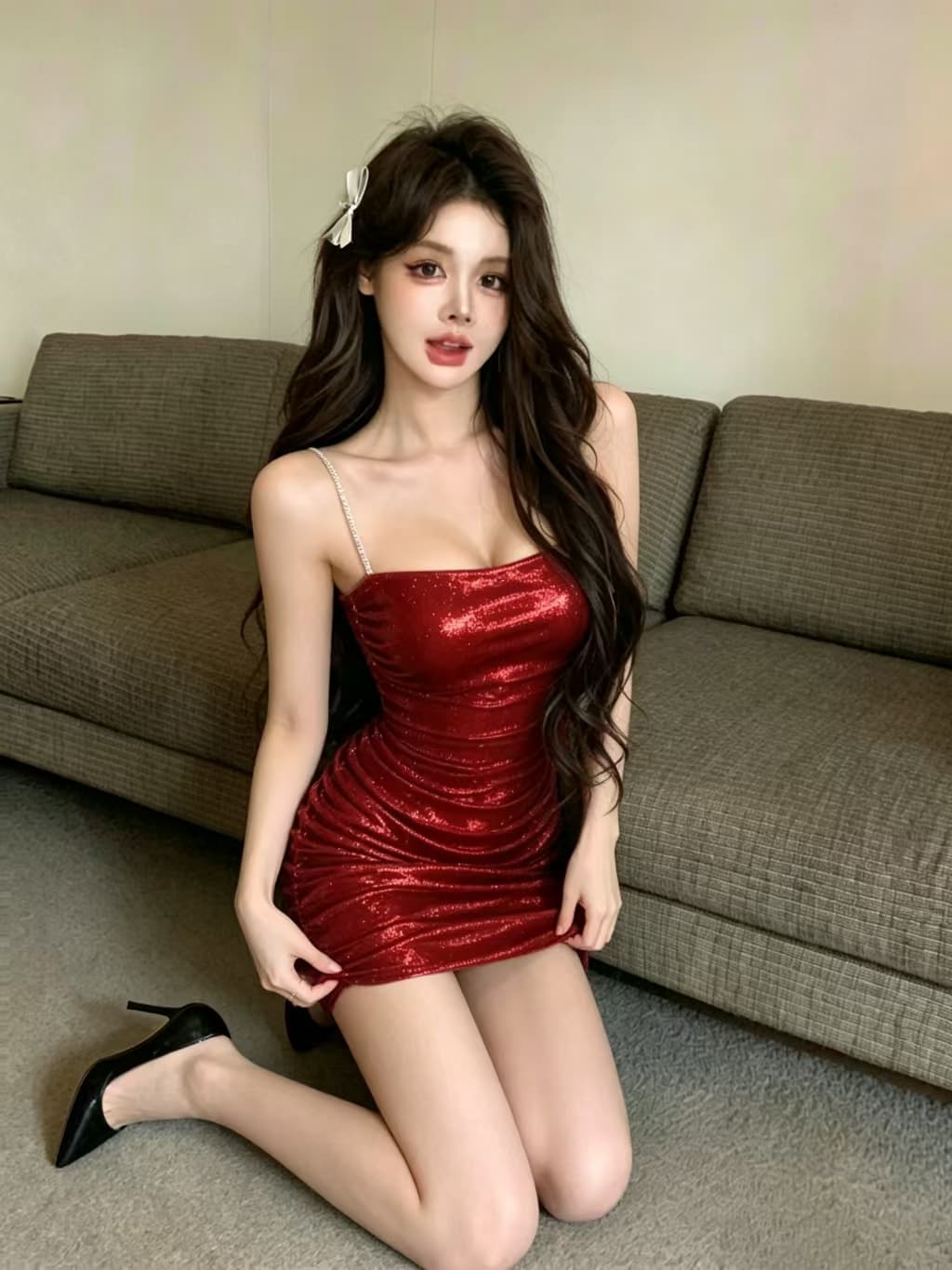 실사 섹시함 플래시 분말 핫걸 타이트 주름 타이트 스커트 예복 여성 드레스 상세 이미지 1