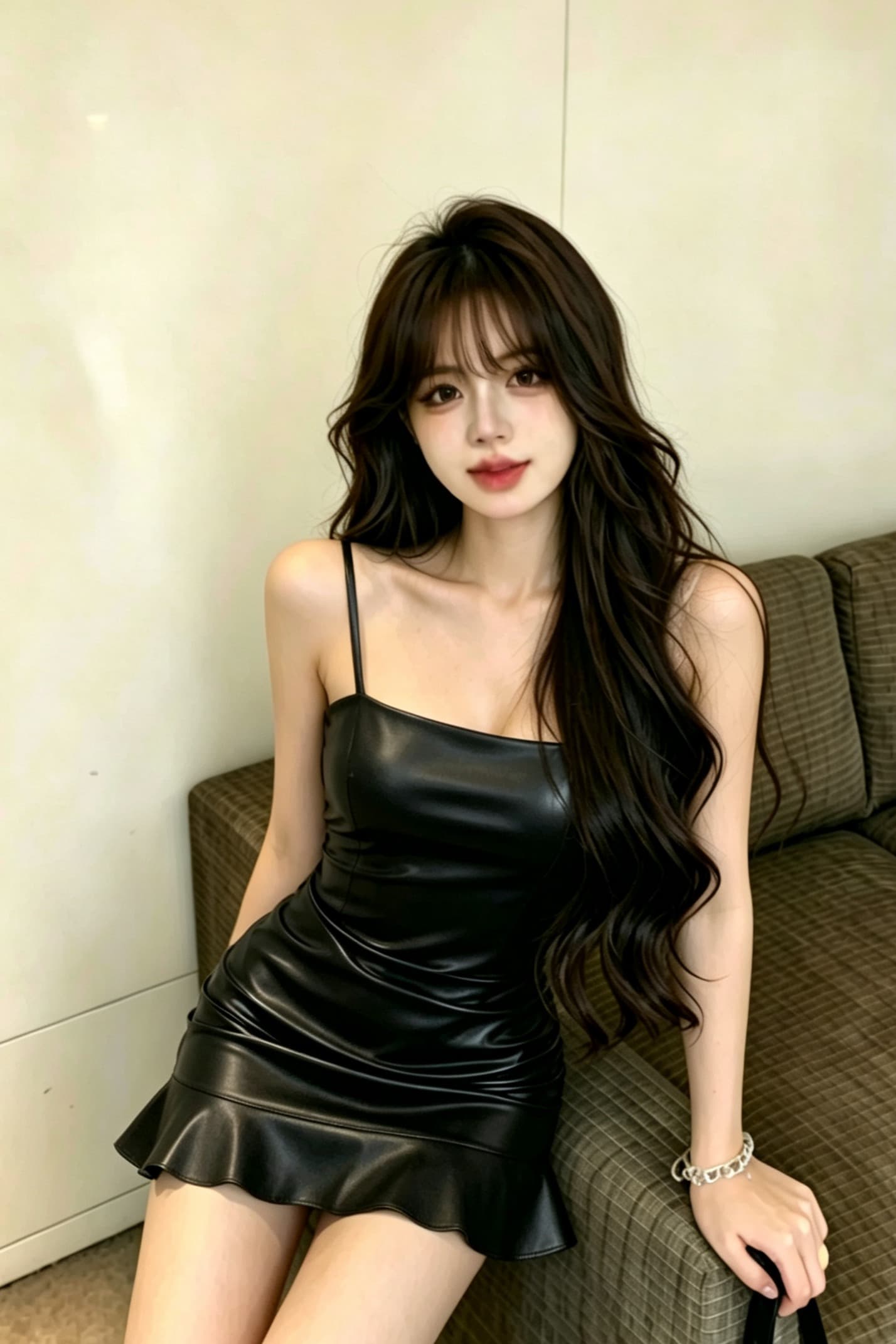 실사 슬립 신축성 모조 가죽 타이트 주름 타이트 스커트 핫걸 섹시함 프릴 여성 드레스 이미지 6