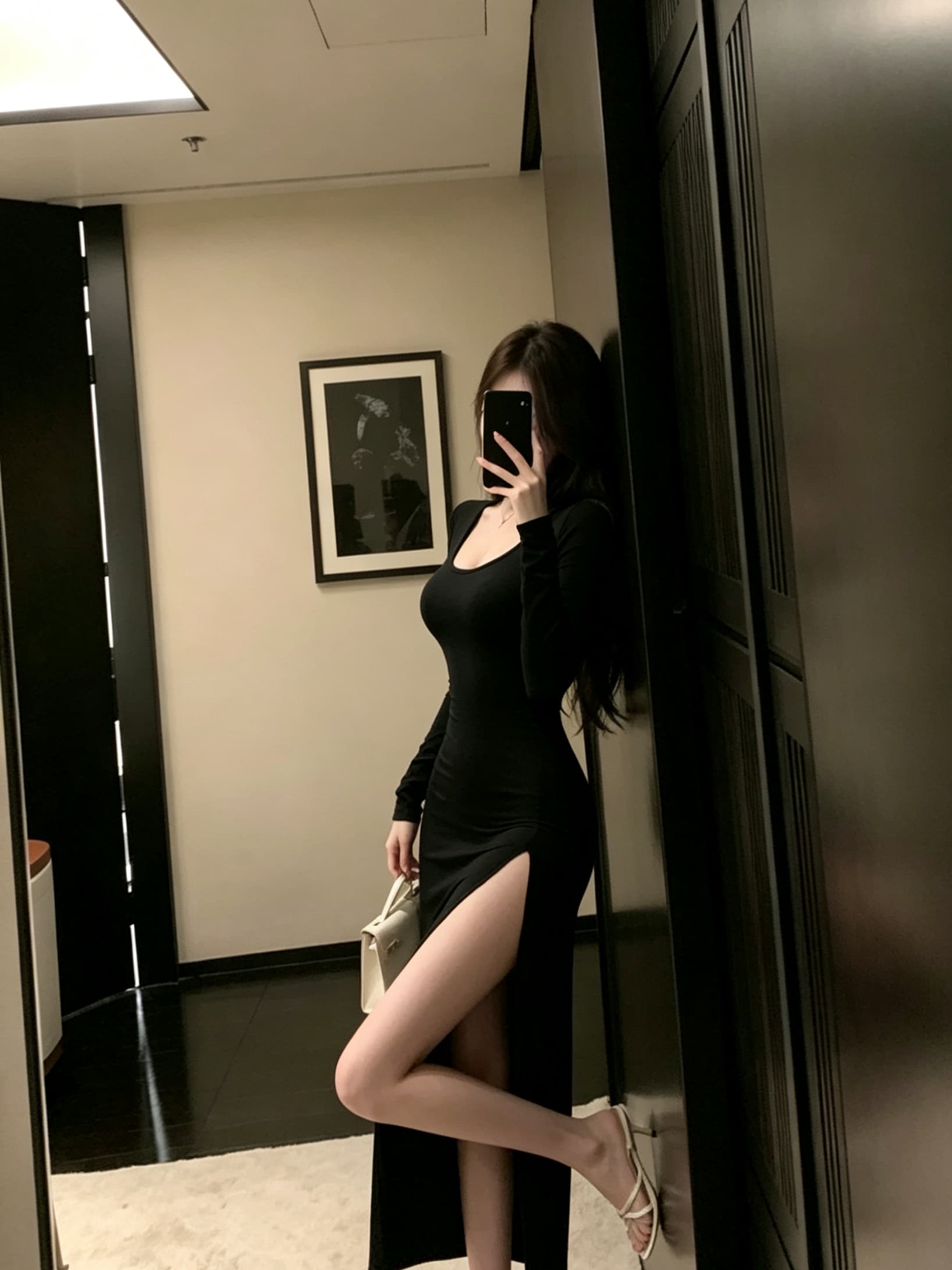 실사 초박형 검정색 단색 긴팔 높음 트임 타이트 타이트 스커트 u 칼라 패션 다용도 중간 길이 여성 드레스 상세 이미지 5
