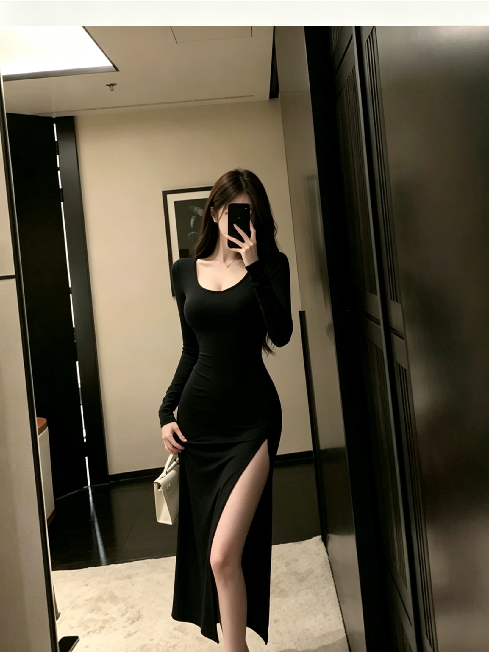 실사 초박형 검정색 단색 긴팔 높음 트임 타이트 타이트 스커트 u 칼라 패션 다용도 중간 길이 여성 드레스 상세 이미지 7
