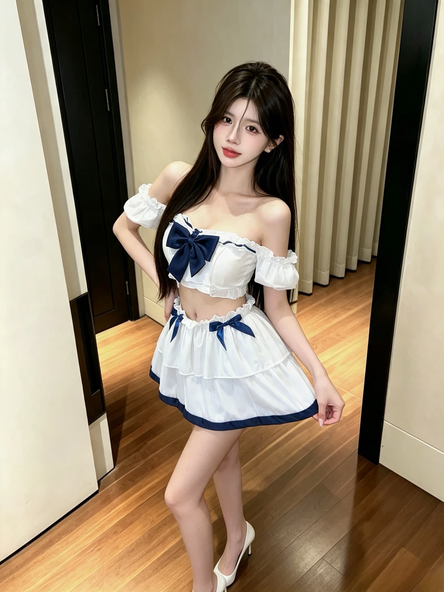 실사 순수한 욕망 초단 오프숄더 섹시함 귀여운 학원 스타일 투피스 세트 세트 여성 상세 이미지 8