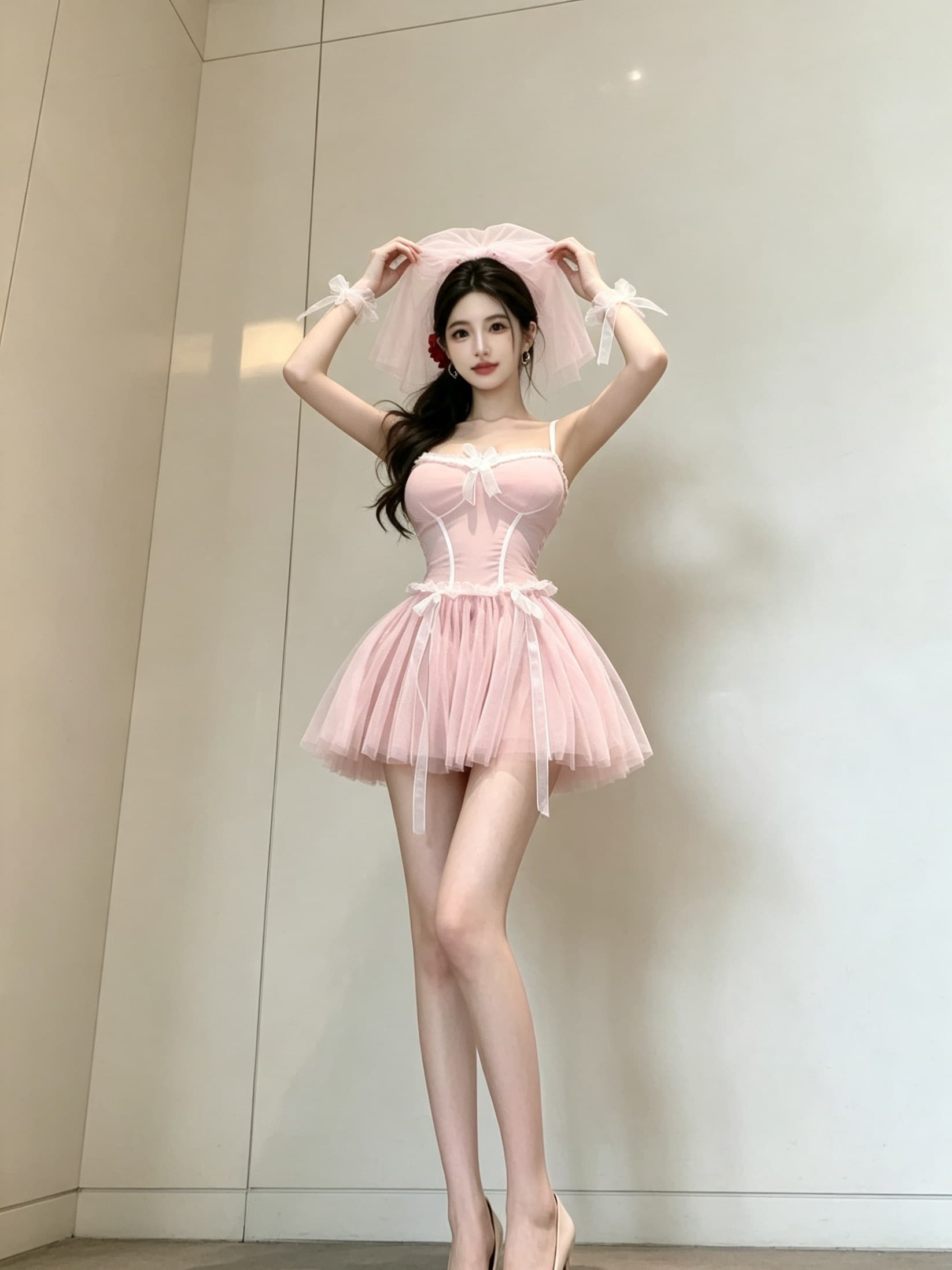 실사 섹시함 핫걸 초단 핑크색 웨딩 드레스 역 초단 시스루 슬립 여성 드레스 이미지 2
