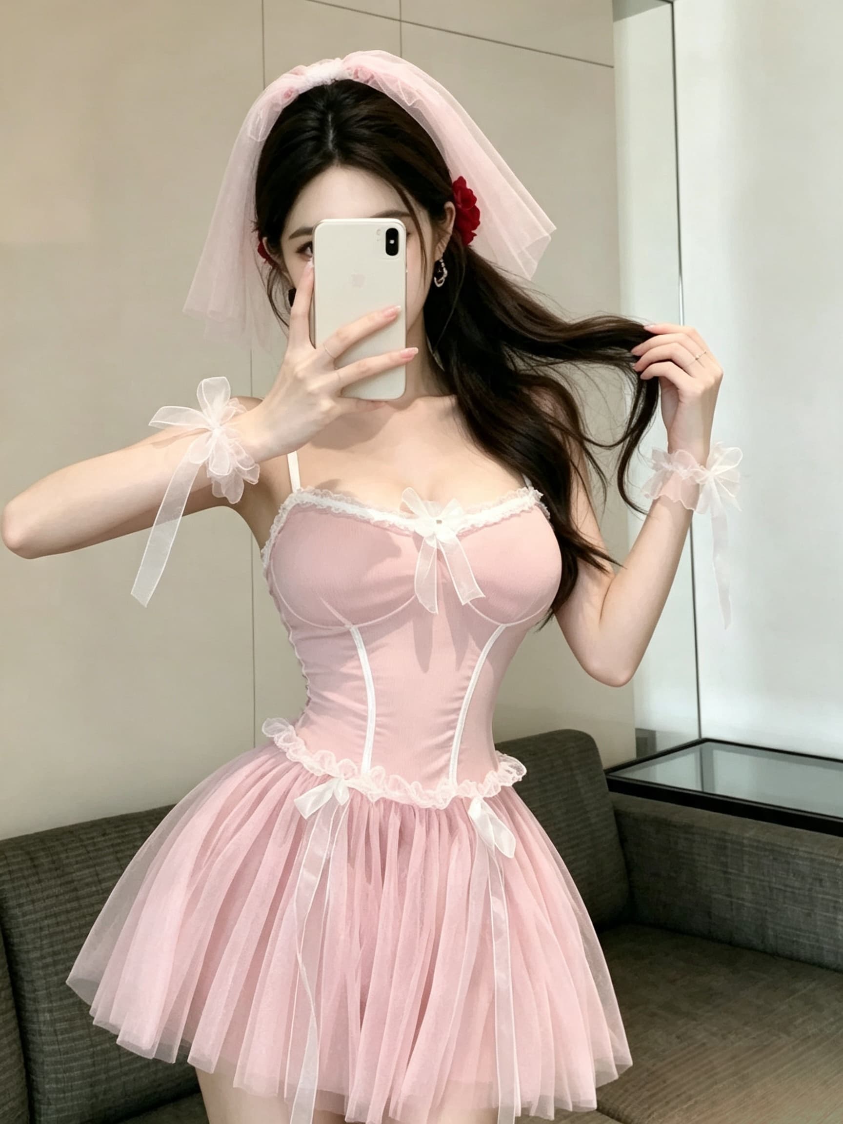 실사 섹시함 핫걸 초단 핑크색 웨딩 드레스 역 초단 시스루 슬립 여성 드레스 상세 이미지 3