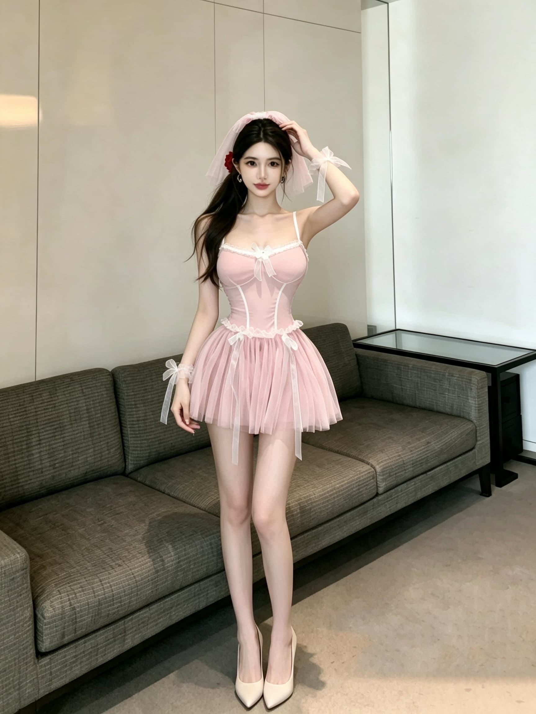 실사 섹시함 핫걸 초단 핑크색 웨딩 드레스 역 초단 시스루 슬립 여성 드레스 상세 이미지 4