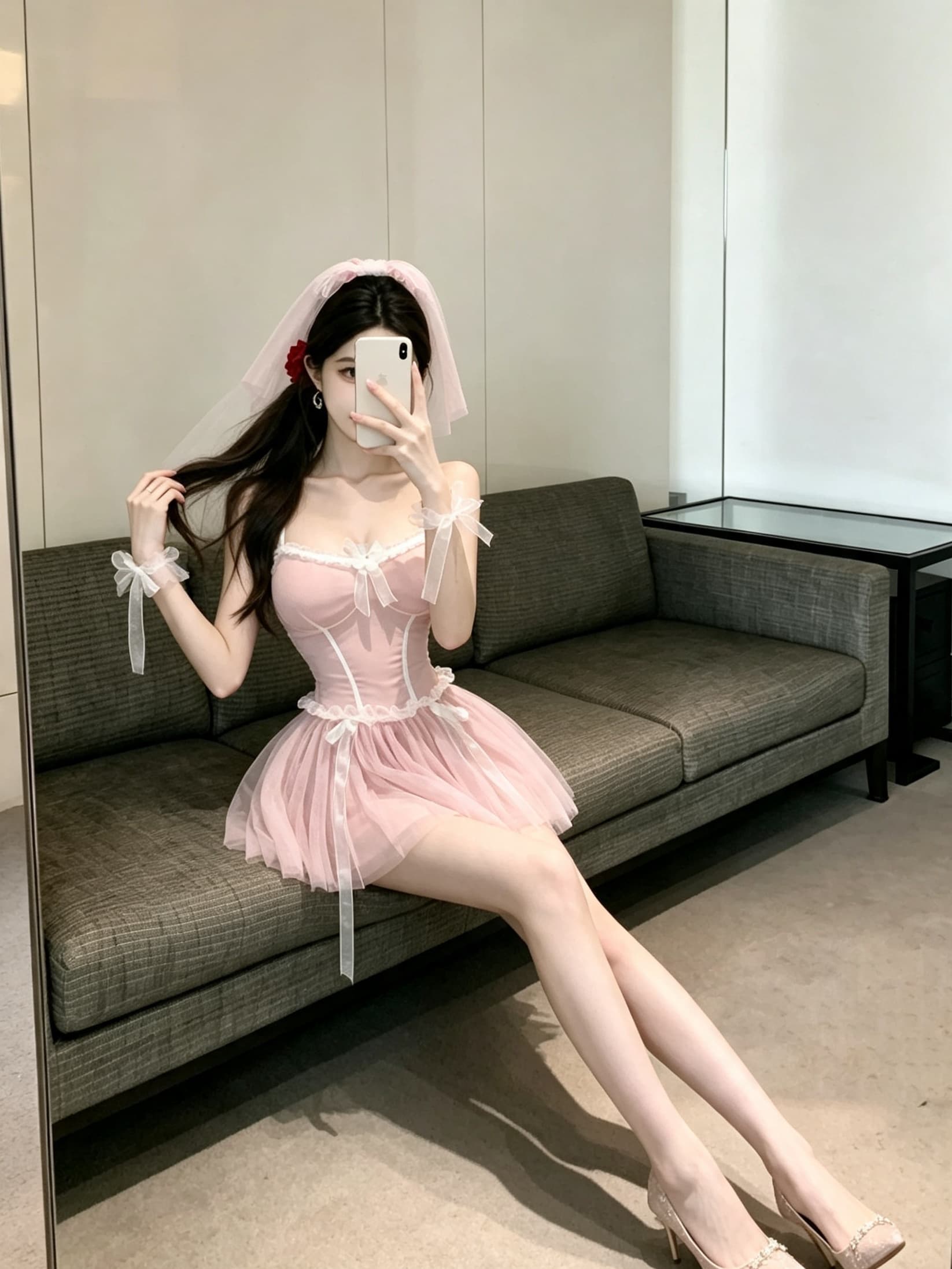 실사 섹시함 핫걸 초단 핑크색 웨딩 드레스 역 초단 시스루 슬립 여성 드레스 상세 이미지 7