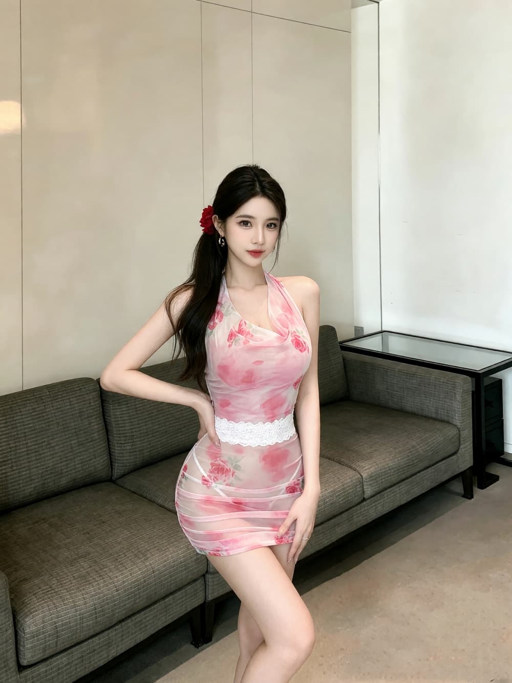 실사 프린트 망사 행침 목 몸매 가꾸기 타이트 스커트 패션 시스루 백리스 섹시함 핫걸 여성 드레스 상세 이미지 4