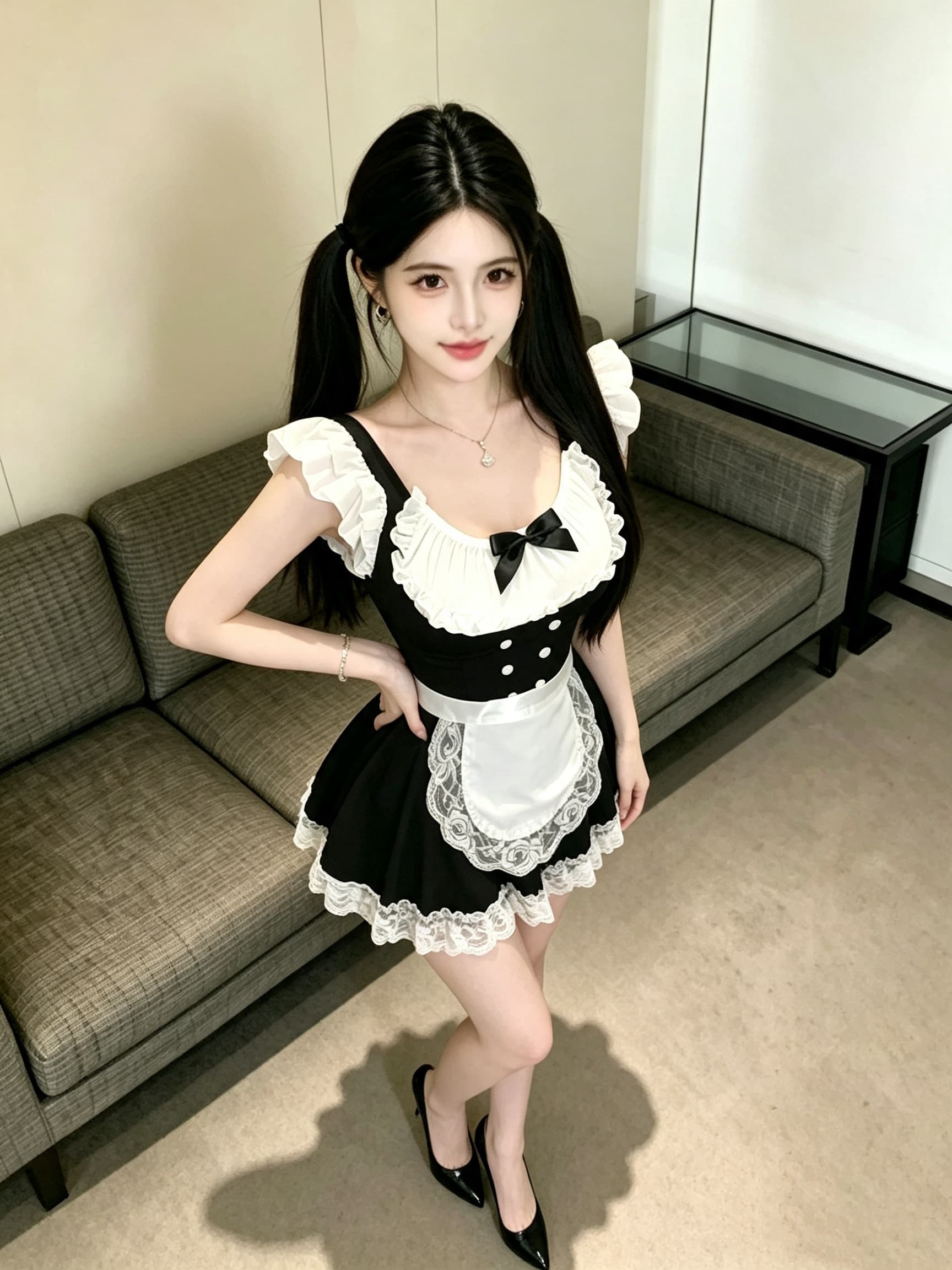 실사 하녀 섹시함 귀여운 흑인과 백인 패치워크 세트 드레스 레이스 초단 여성 의류 상세 이미지 2