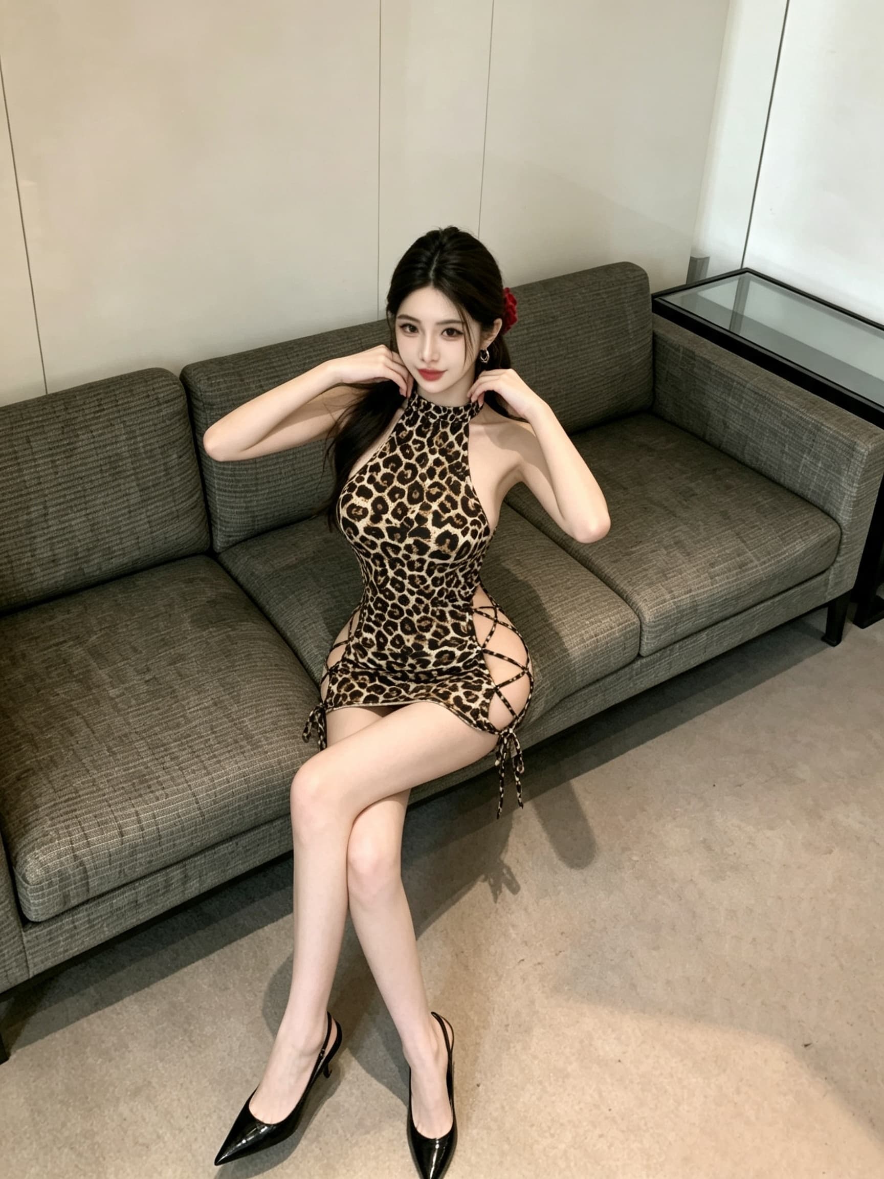 실사 핫걸 유혹 레오파드 무늬 스트랩 트임 홀로우 아웃 대 백리스 타이트 타이트 스커트 초단 여성 드레스 상세 이미지 5