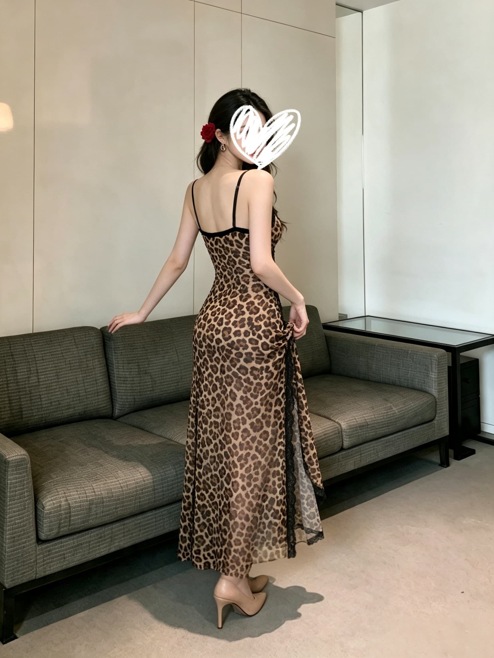 실사 레오파드 무늬 망사 단층 마이크로 시스루 슬립 높음 트임 섹시함 핫걸 드레스 롱 스커트 여성 상세 이미지 2