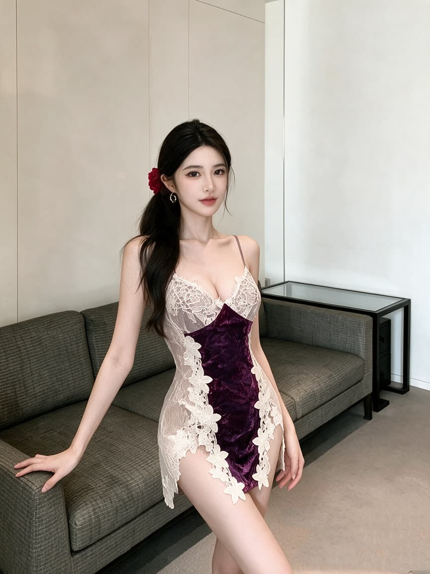 실사 레이스 백리스 패치워크 슬립 초단 섹시함 유혹 나이트 드레스 여성 드레스 상세 이미지 2