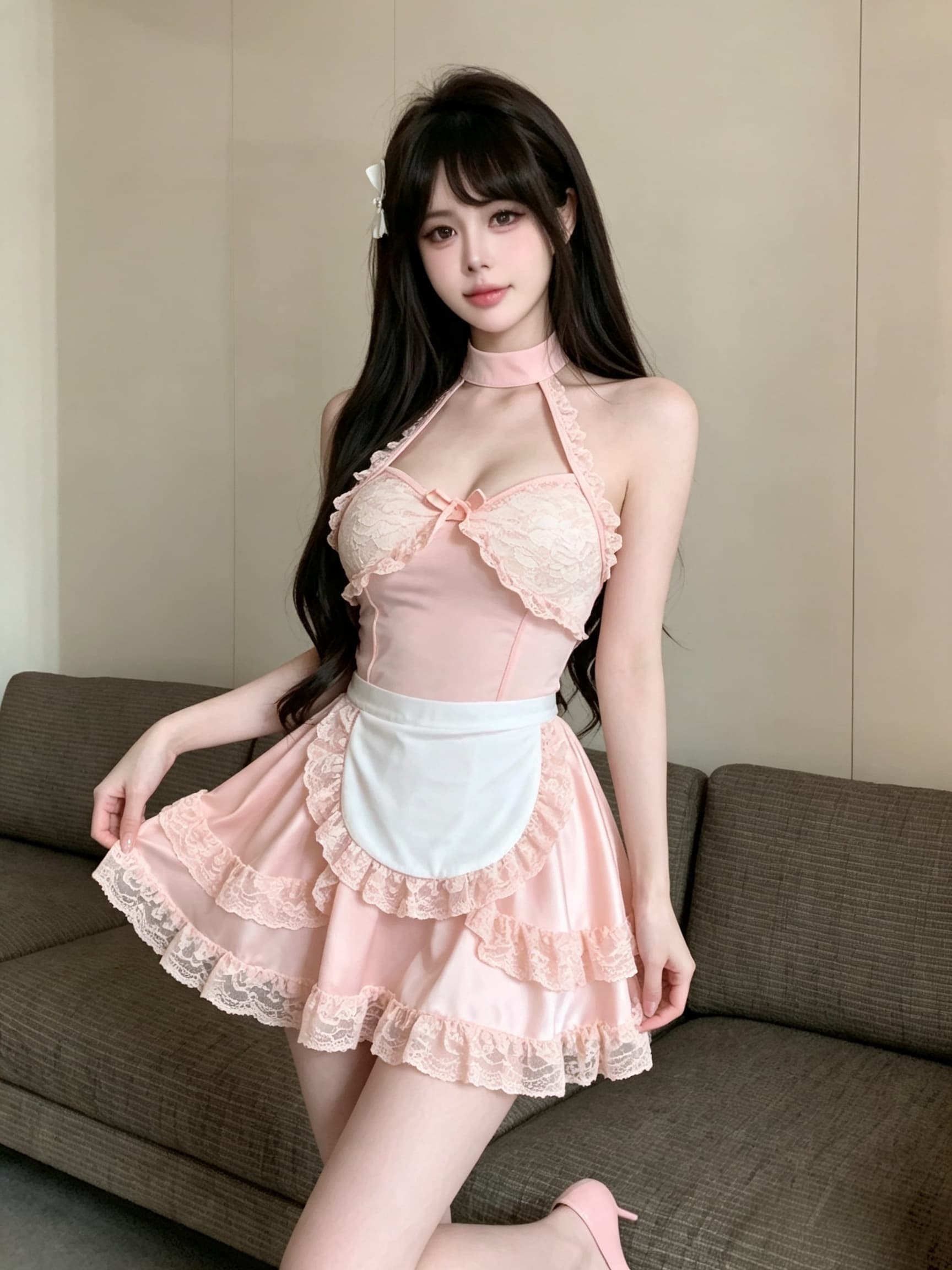 실사 레이스 조각 시스루 하녀 귀여운 섹시함 달콤한 매운맛 다중 레이어 여성 드레스 상세 이미지 7