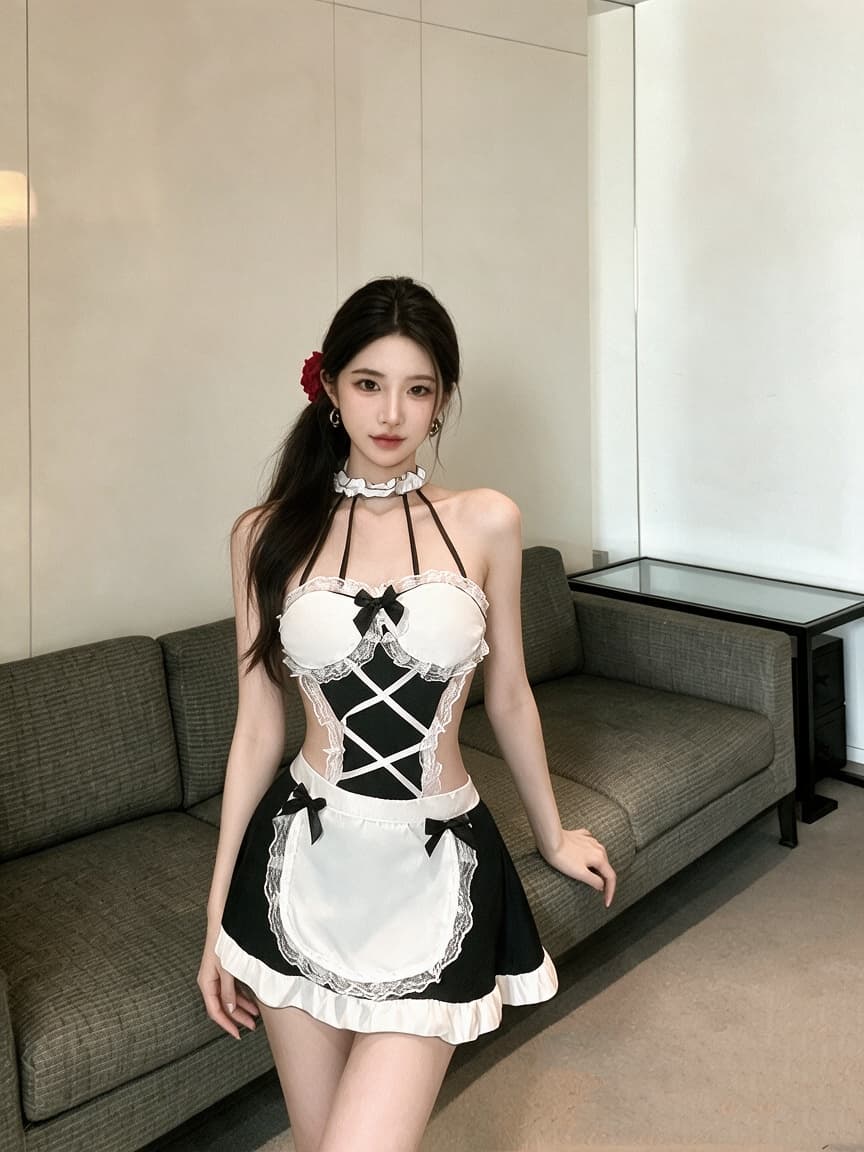 실사 하녀 레이스 역할극 섹시함 핫걸 패치워크 색상 홀로우 아웃 여성 드레스 상세 이미지 1
