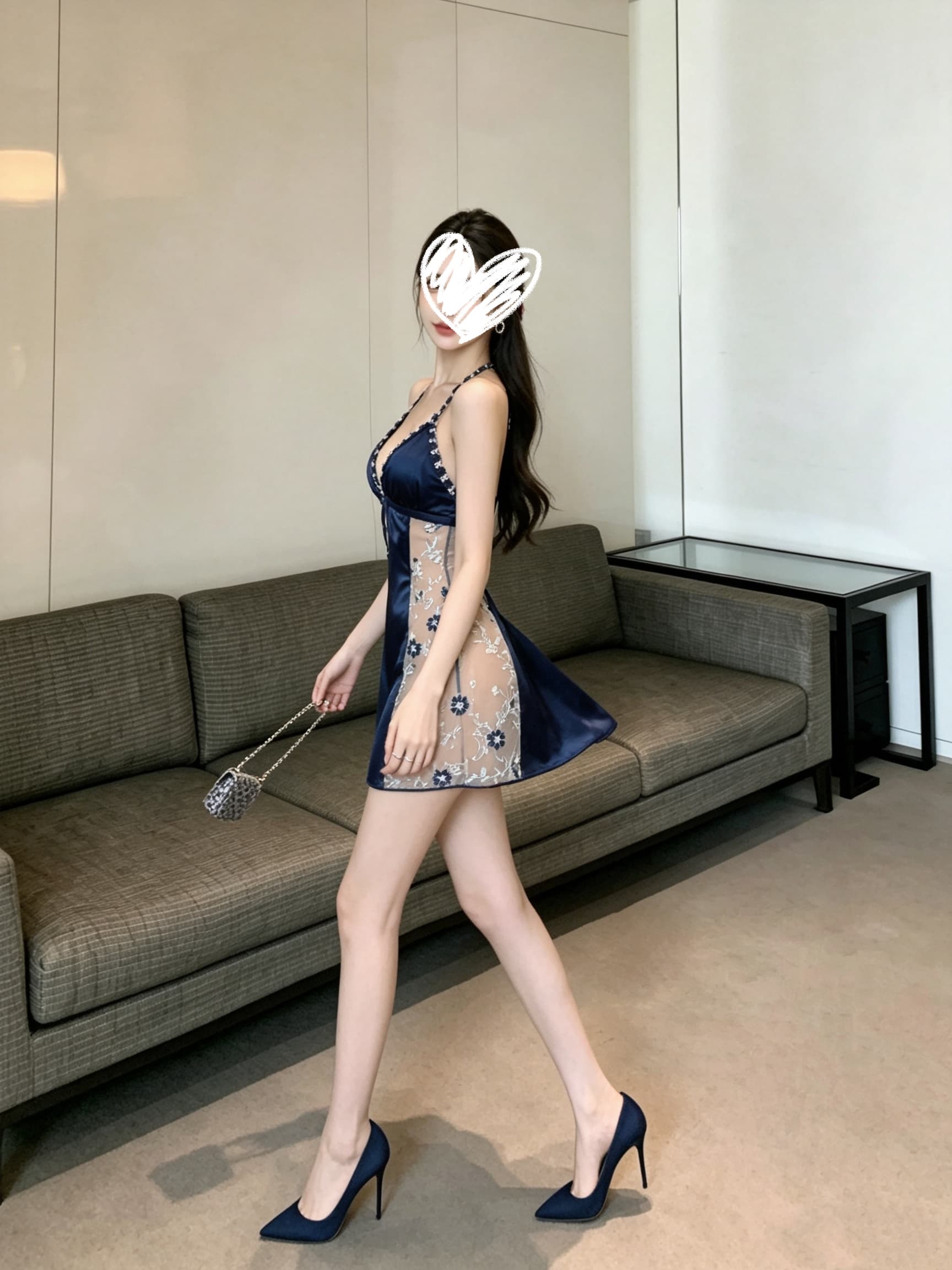 실사 슬립 시스루 패치워크 V넥 낮은 가슴 나이트 드레스 섹시함 여성 드레스 상세 이미지 3