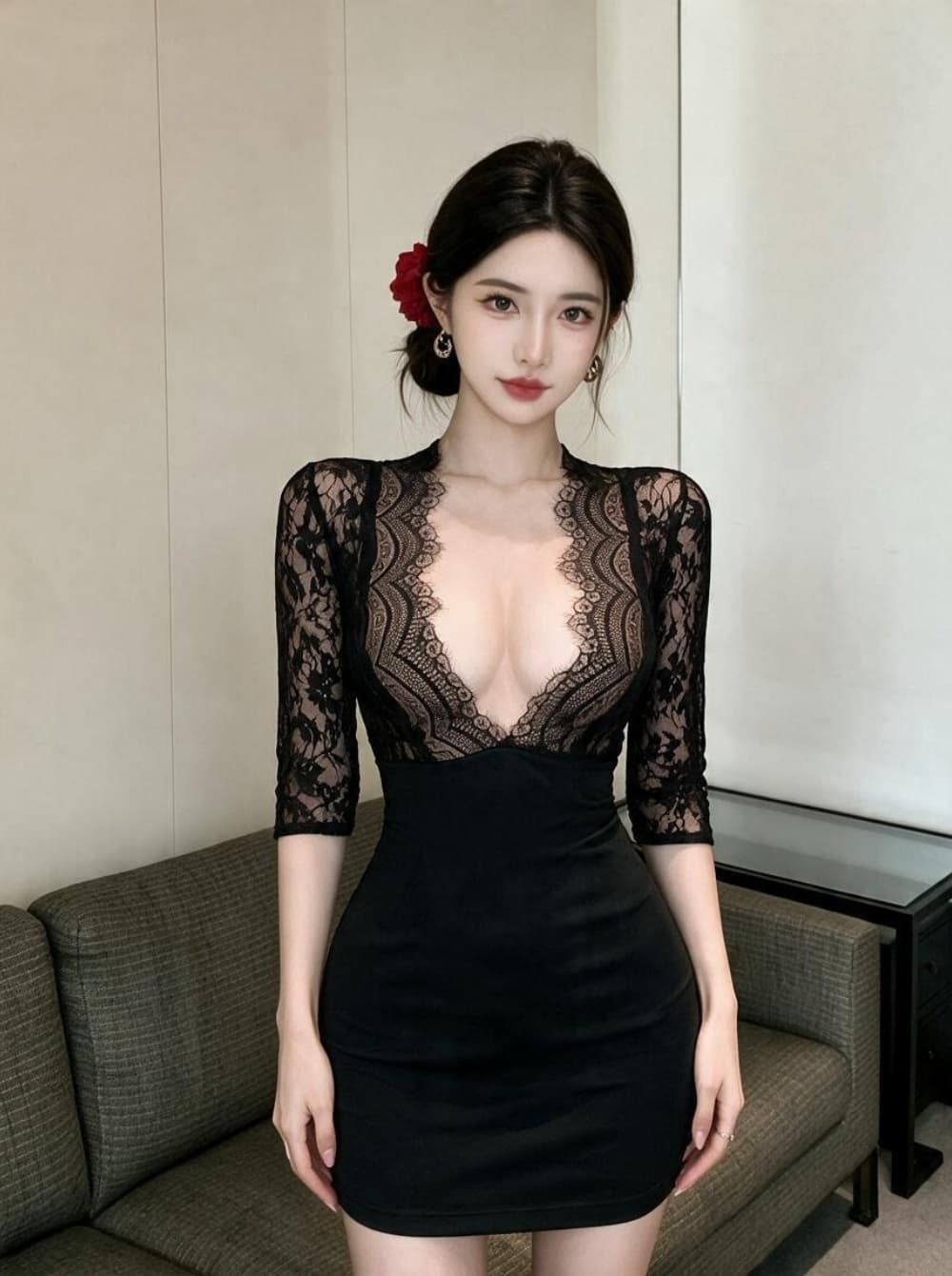 실사 초박형 섹시함 낮은 가슴 레이스 시스루 패치워크 타이트 타이트 스커트 초단 여성 드레스 상세 이미지 10