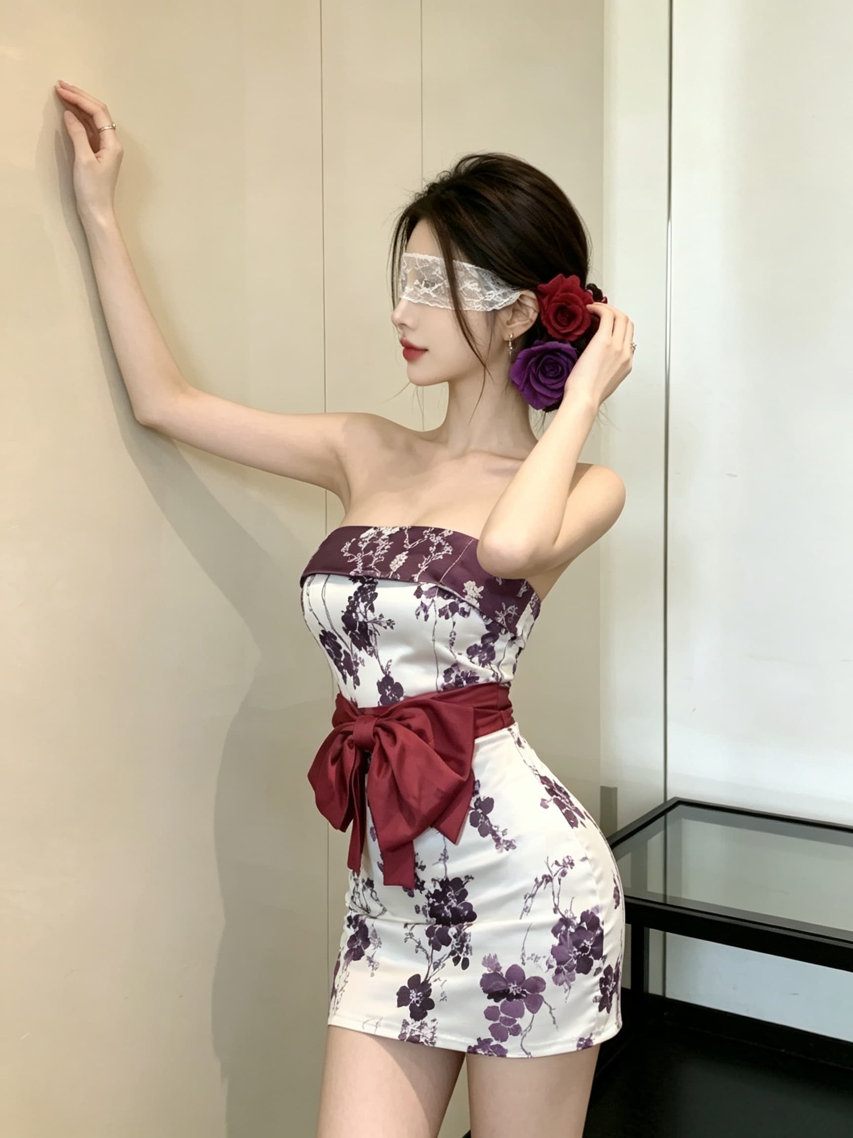 실사 섹시함 꽃무늬 튜브탑 포장 가슴 패션 레트로 나비 매듭 여성 드레스 이미지 4