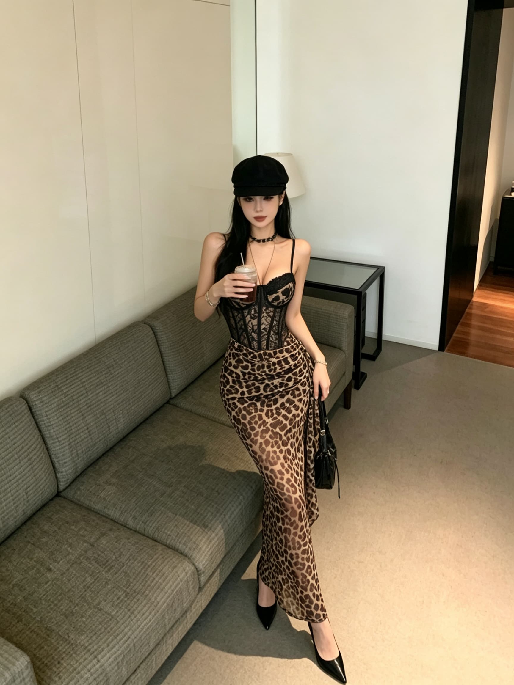 실사 슬립 레오파드 무늬 패션 유럽과 미국 핫걸 대외 무역 섹시함 여성 드레스 상세 이미지 3