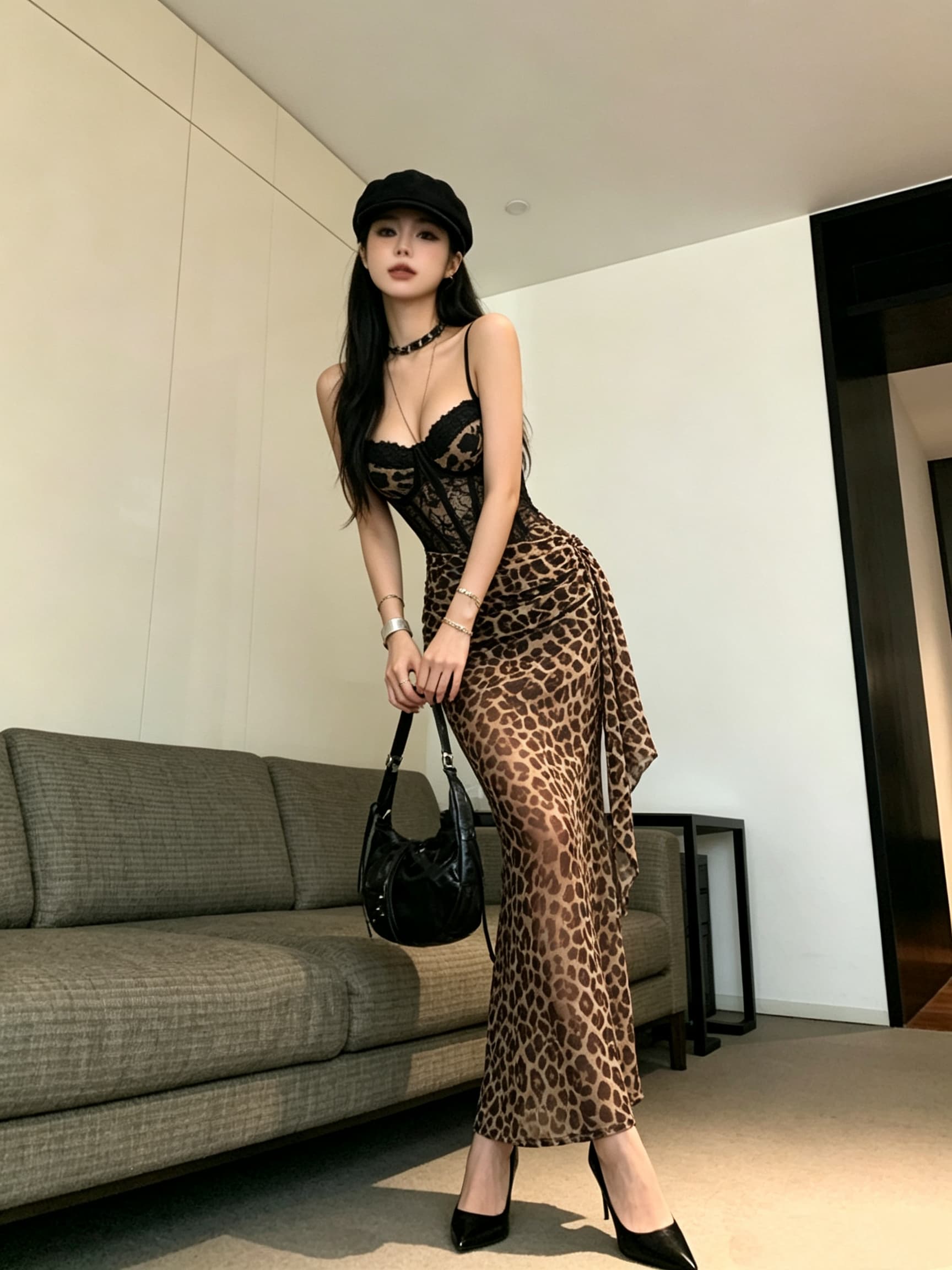 실사 슬립 레오파드 무늬 패션 유럽과 미국 핫걸 대외 무역 섹시함 여성 드레스 상세 이미지 5
