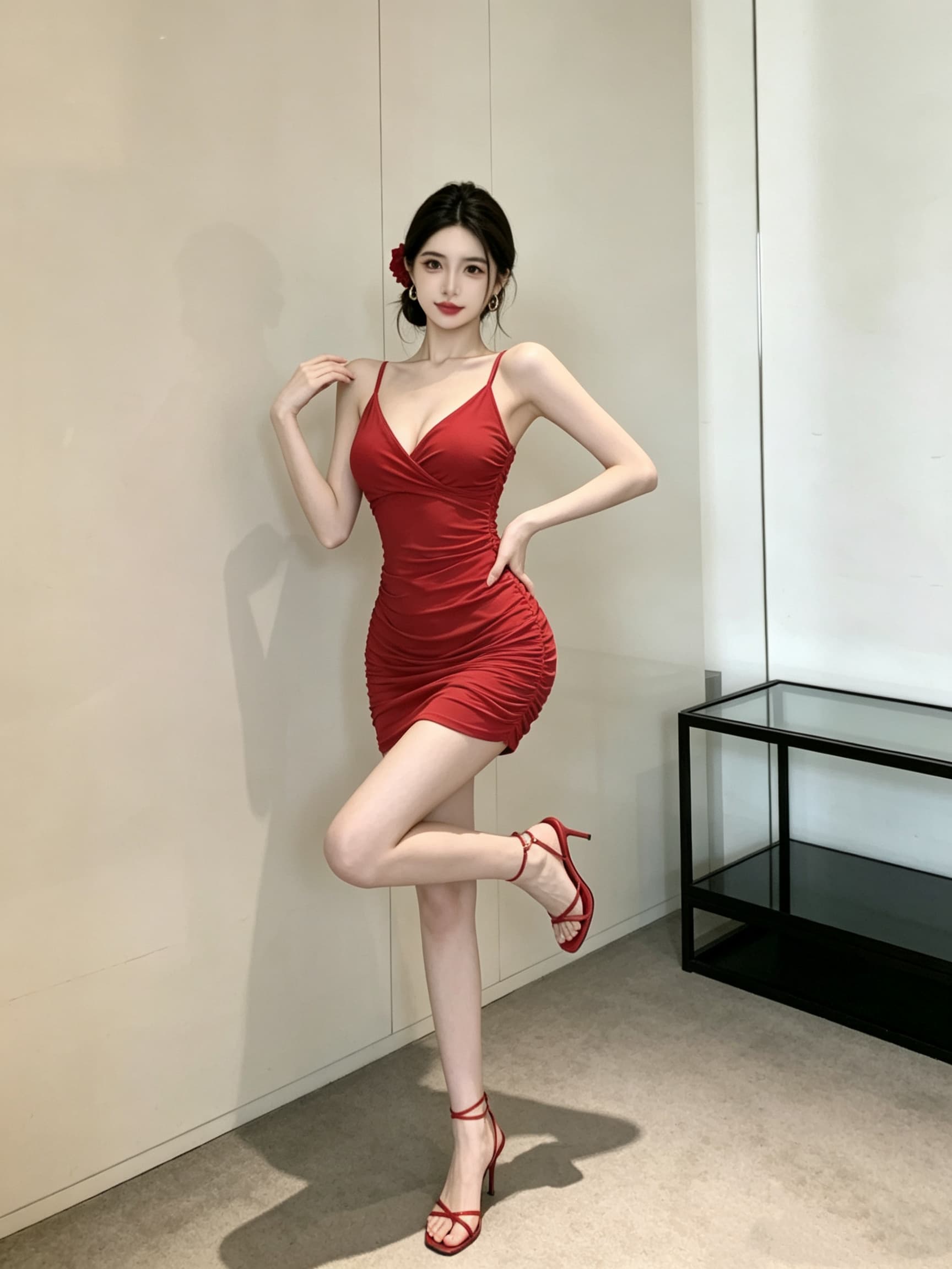실사 섹시함 나이트 클럽 슬립 V넥 낮은 가슴 타이트 타이트 스커트 우유 실크 빨간색 여성 드레스 이미지 4