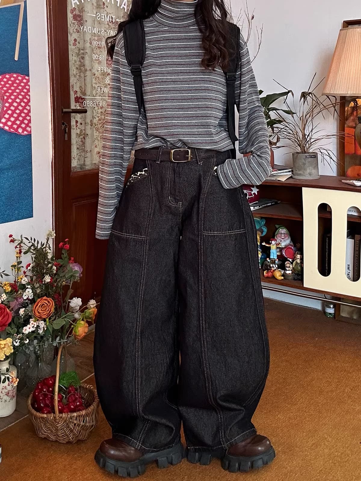 아메리칸 레트로 조수 브랜드 십자가 자수 워싱 청바지 여자 루즈핏 다용도 거리 넓은 다리 모통이 칼 긴 바지 상세 이미지 1