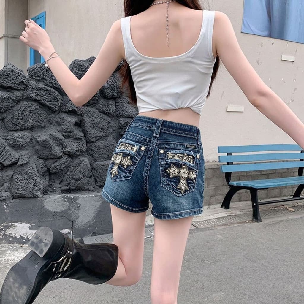 유럽과 미국 섹시함 핫걸 데님 반바지 여성 하라주쿠 레트로 십자가 주머니 자수 하이웨이스트 타이트 스커트 y2k 반바지